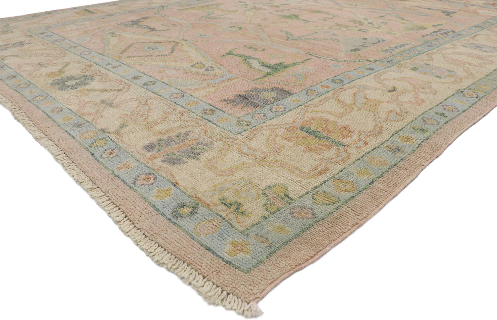 80671 new Contemporary Pakistani Oushak rug with Modern Georgian style 09'04 x 12'08. This hand-knotted wool contemporary Pakistani Oushak rug features an all-over botanical lattice pattern spread across an abrashed rose colored field. An array of