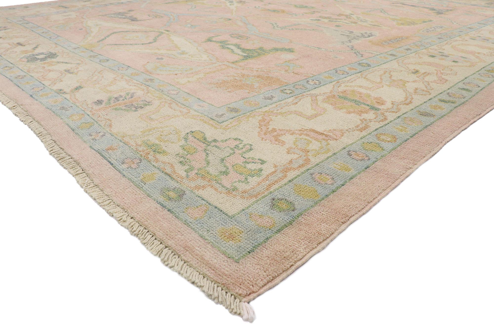 80672 new Contemporary Pakistani Oushak rug with Modern Georgian style 12'00 x 14'09. This hand-knotted wool contemporary Pakistani Oushak rug features an all-over botanical lattice pattern spread across an abrashed rose colored field. An array of