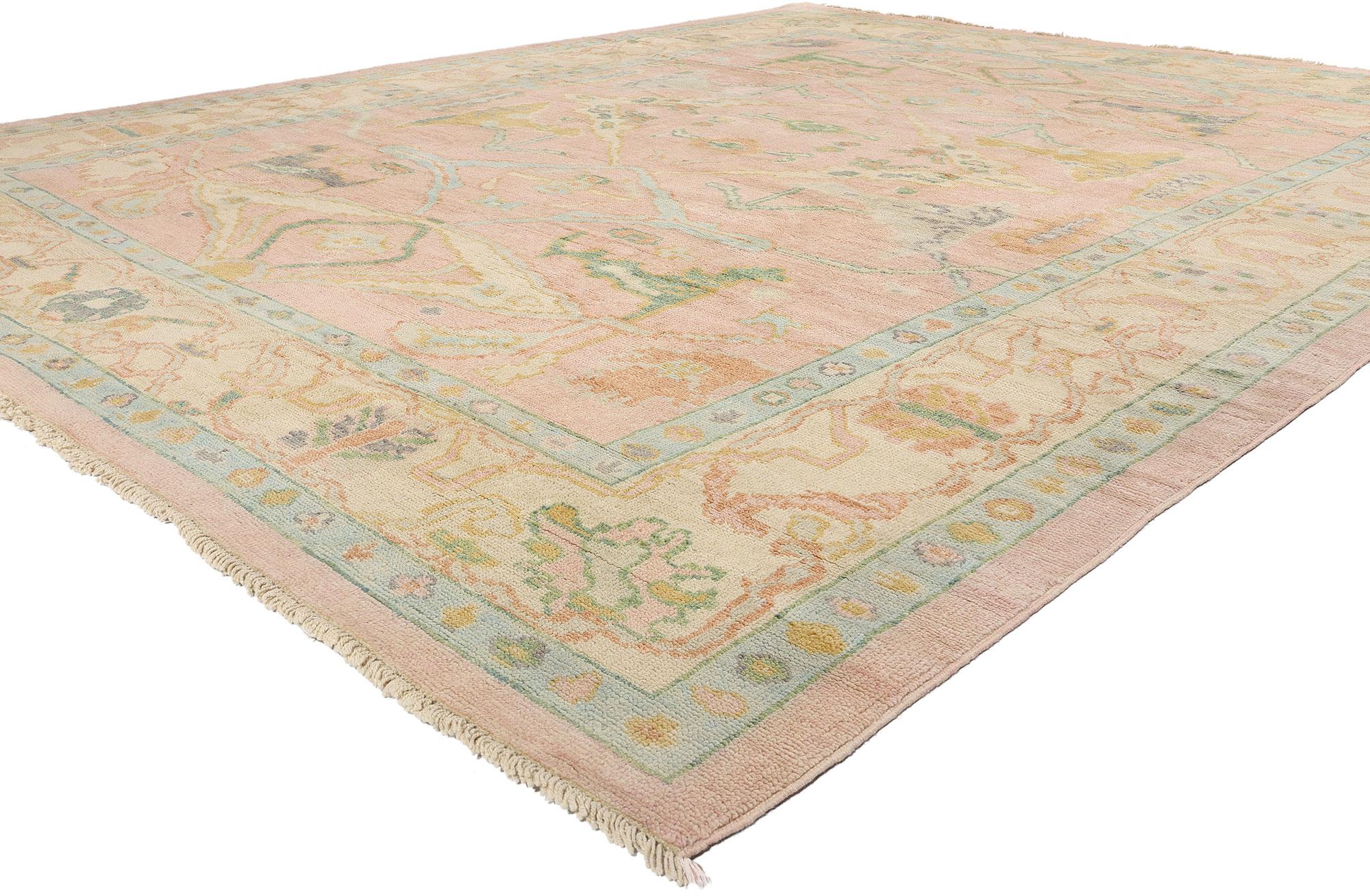 80672 Tappeto New Modern Pink Oushak, 12'00 x 14'09. Questo tappeto Oushak rosa moderno in lana, annodato a mano e proveniente dal Pakistan, è una composizione lirica resa in lana, un'ode al morbido silenzio dei cieli crepuscolari e all'eleganza
