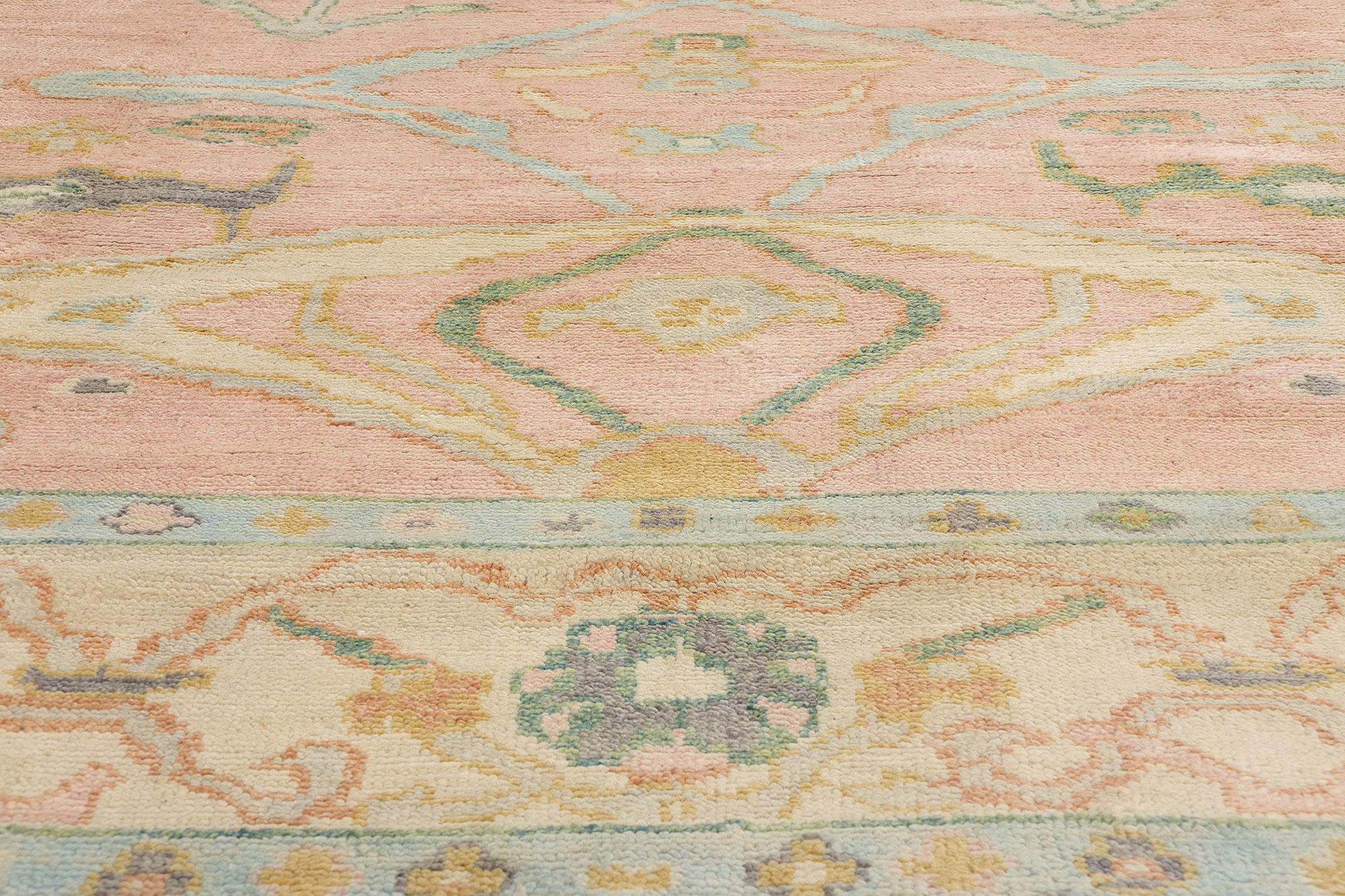 Annodato a mano Tappeto moderno Oushak rosa con stile provinciale francese &New in vendita