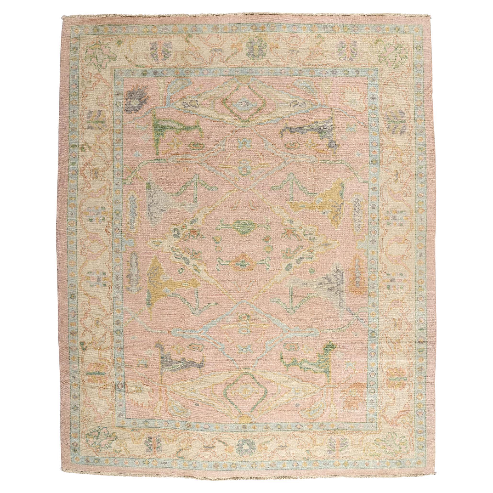 Tappeto moderno Oushak rosa con stile provinciale francese &New