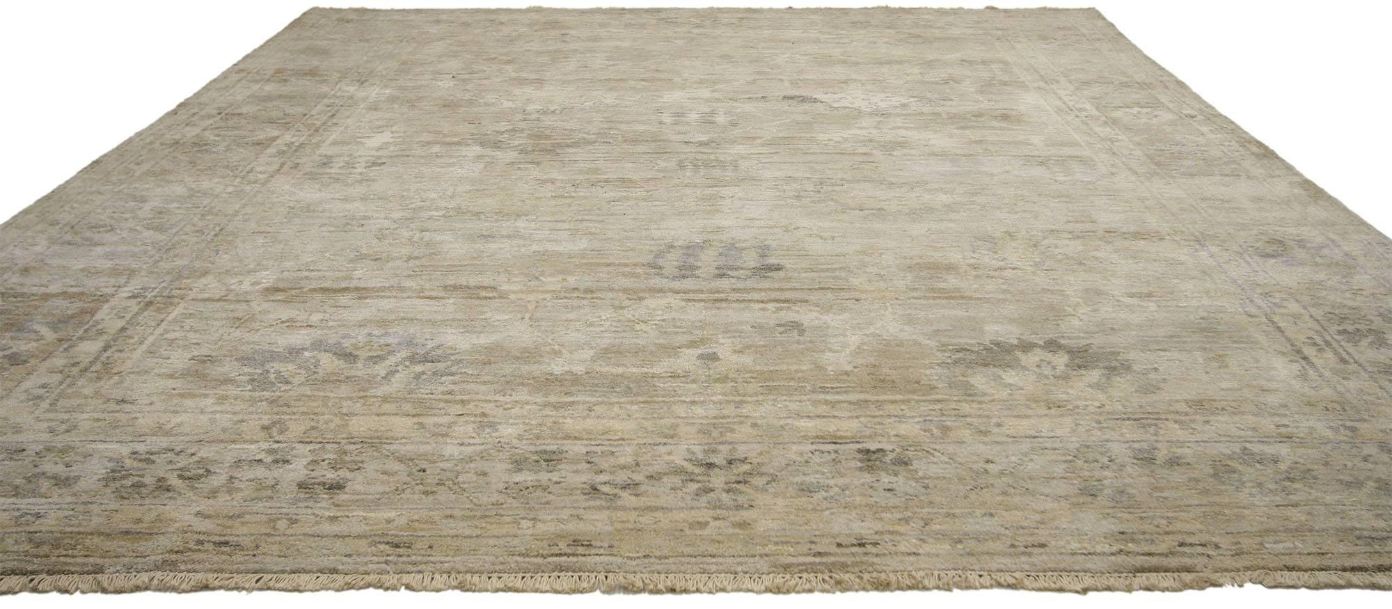 30365 New Contemporary Oushak Design Rug with Transitional Style.  With its soft, subtle hues and cozy simplicity, this hand-knotted wool and silk Oushak design rug displays a transitional style. The field is covered in an all-over botanical pattern