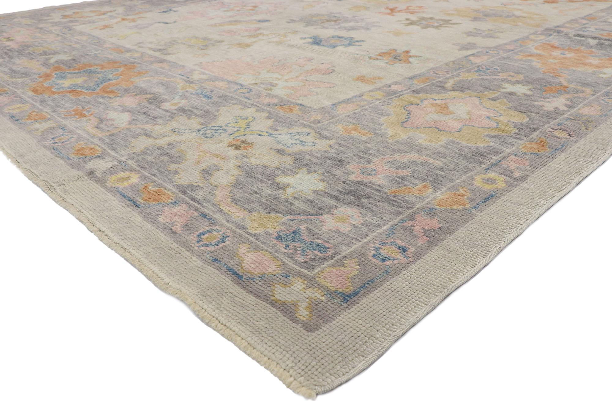 52736, new contemporary Oushak design transitional area rug, vintage inspired rug 08'09 x 11'06. The large-scale geometric print and subtle pops of color woven into this hand knotted wool contemporary Oushak transitional area rug work together