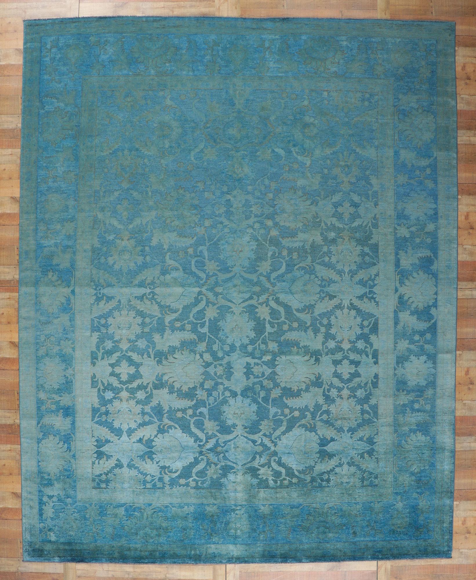 Contemporary New Turquoise-Teal Hand-Carved Overdyed Rug with Modern Style For Sale