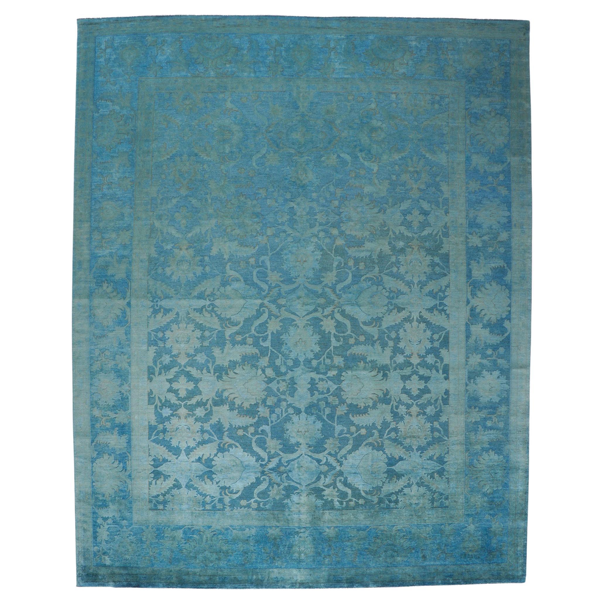New Turquoise-Teal Hand-Carved Overdyed Rug with Modern Style For Sale