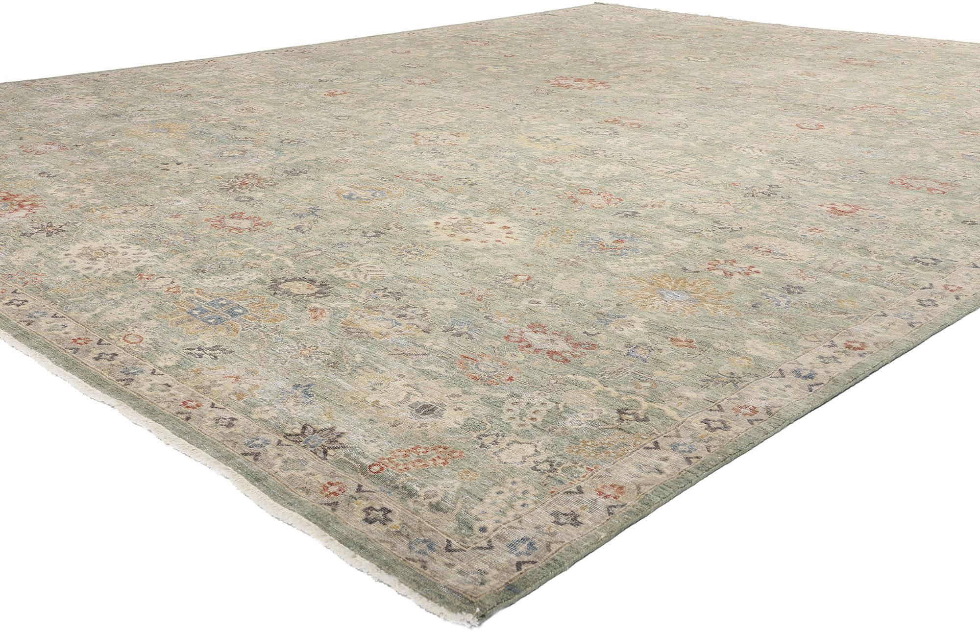 31074 Vintage-Inspired Modern Oushak Rug, 11'09 x 14'10. Modern Indian Oushak rugs, hand-knotted in India, draw inspiration from traditional Anatolian designs. Featuring large-scale botanical designs, floral motifs, geometric patterns, and