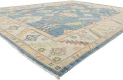 New Modern Colorful Blue Oushak Rug with Transitional Style