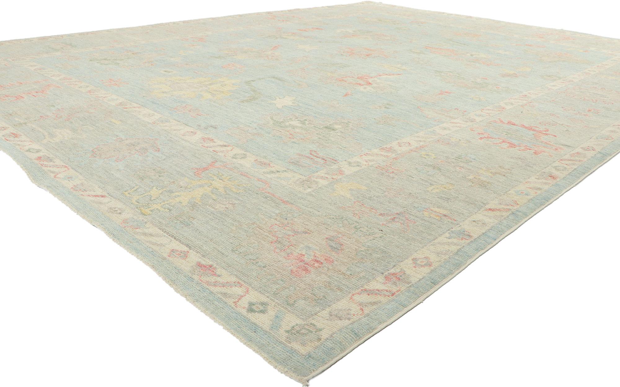 80903 New Modern Light Blue Oushak Rug, 09'01 x 11'10. Bathed in a dreamy palette of soft robin’s egg blue, blush rose, citron, and cloudlike ivory, this hand knotted wool modern Oushak rug from Pakistan is an ode to refined whimsy and