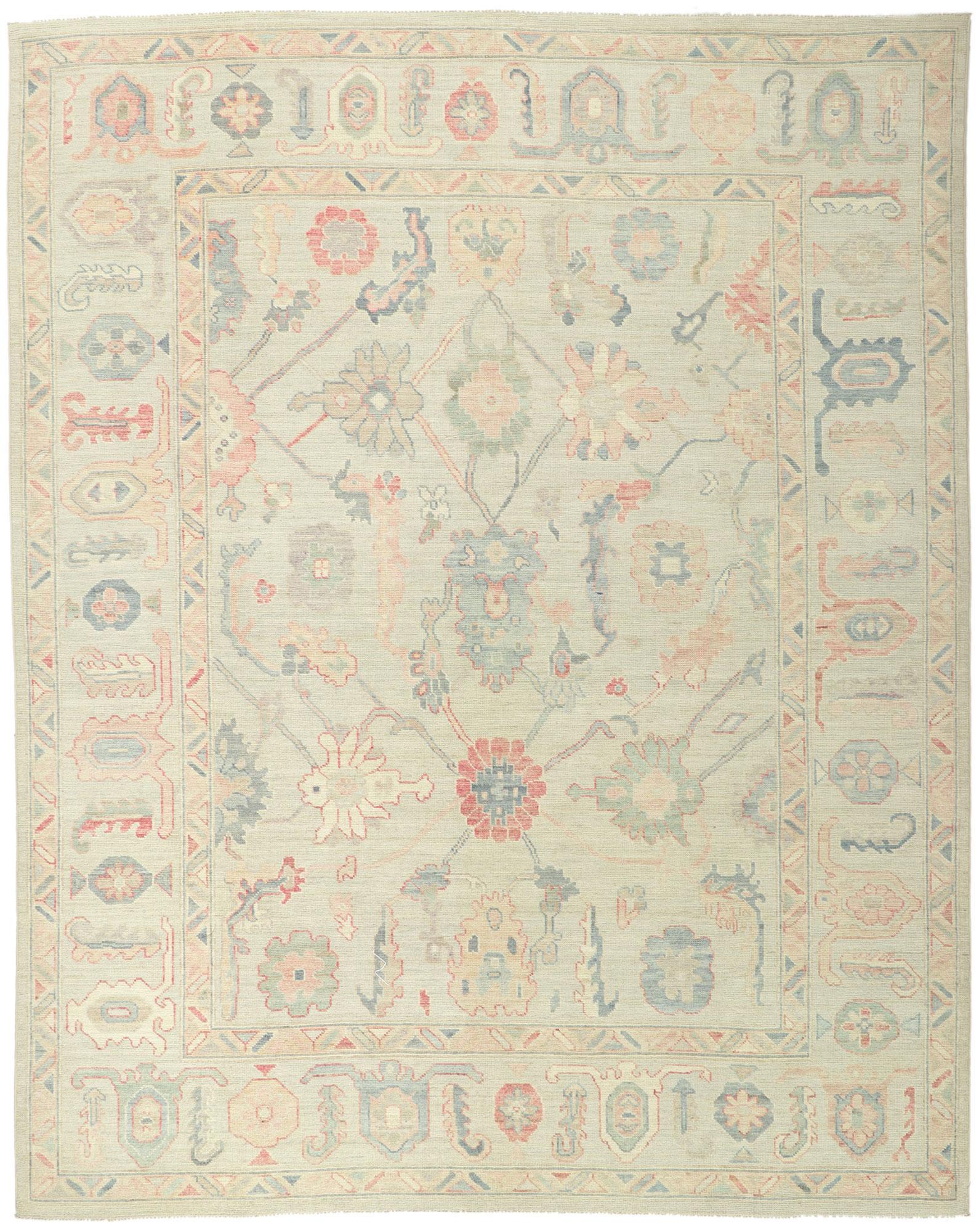 New Contemporary Colorful Oushak Carpet with Soft Pastels For Sale 3