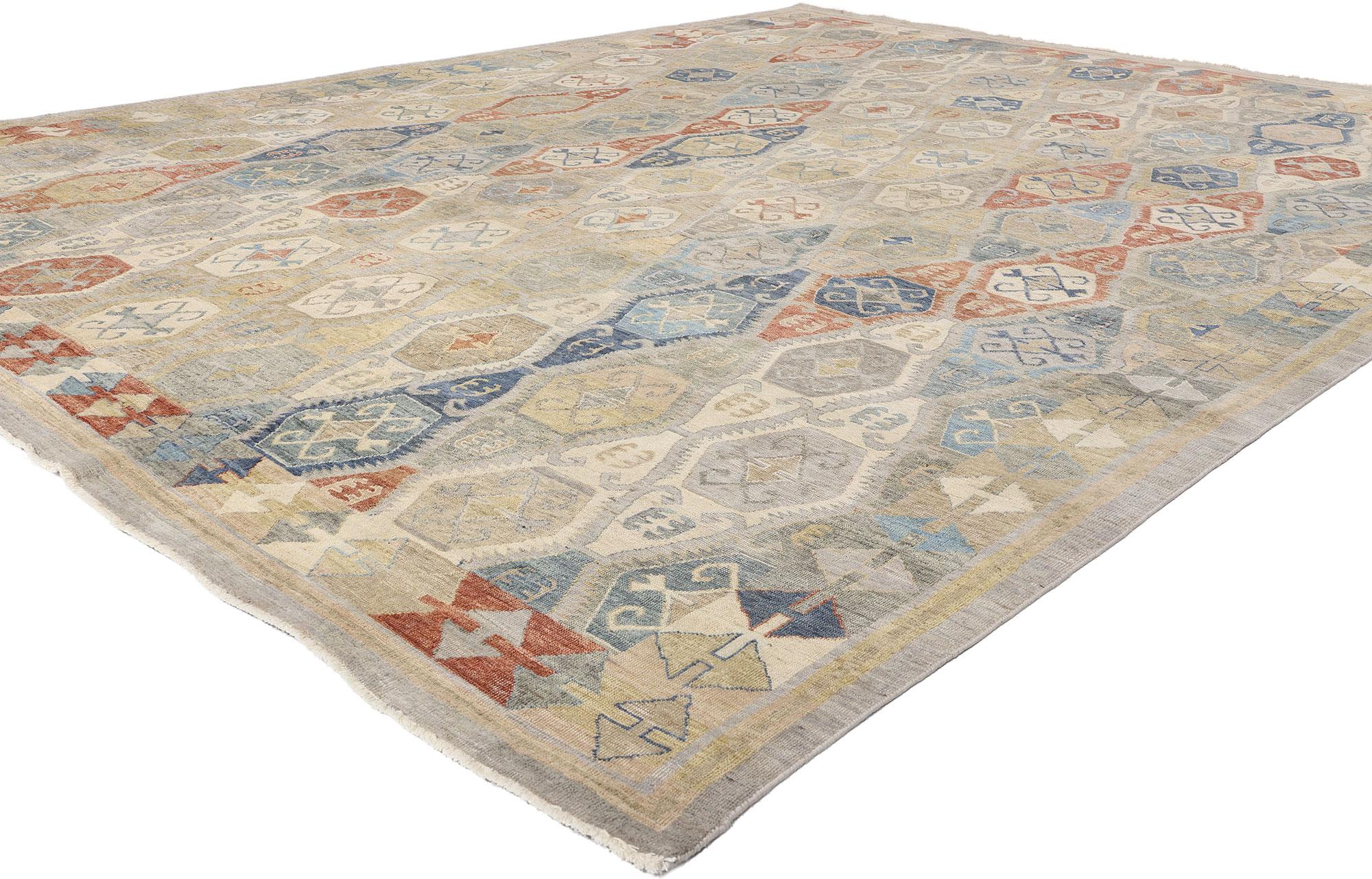 ​30627 Distressed Vintage-Inspired Tribal Oushak Rug, 09'11 x 12'11. A stunning homage to time-honored weaving traditions, this hand-knotted wool vintage-inspired Oushak rug from India embodies a fusion of ancient symbolism and contemporary rustic