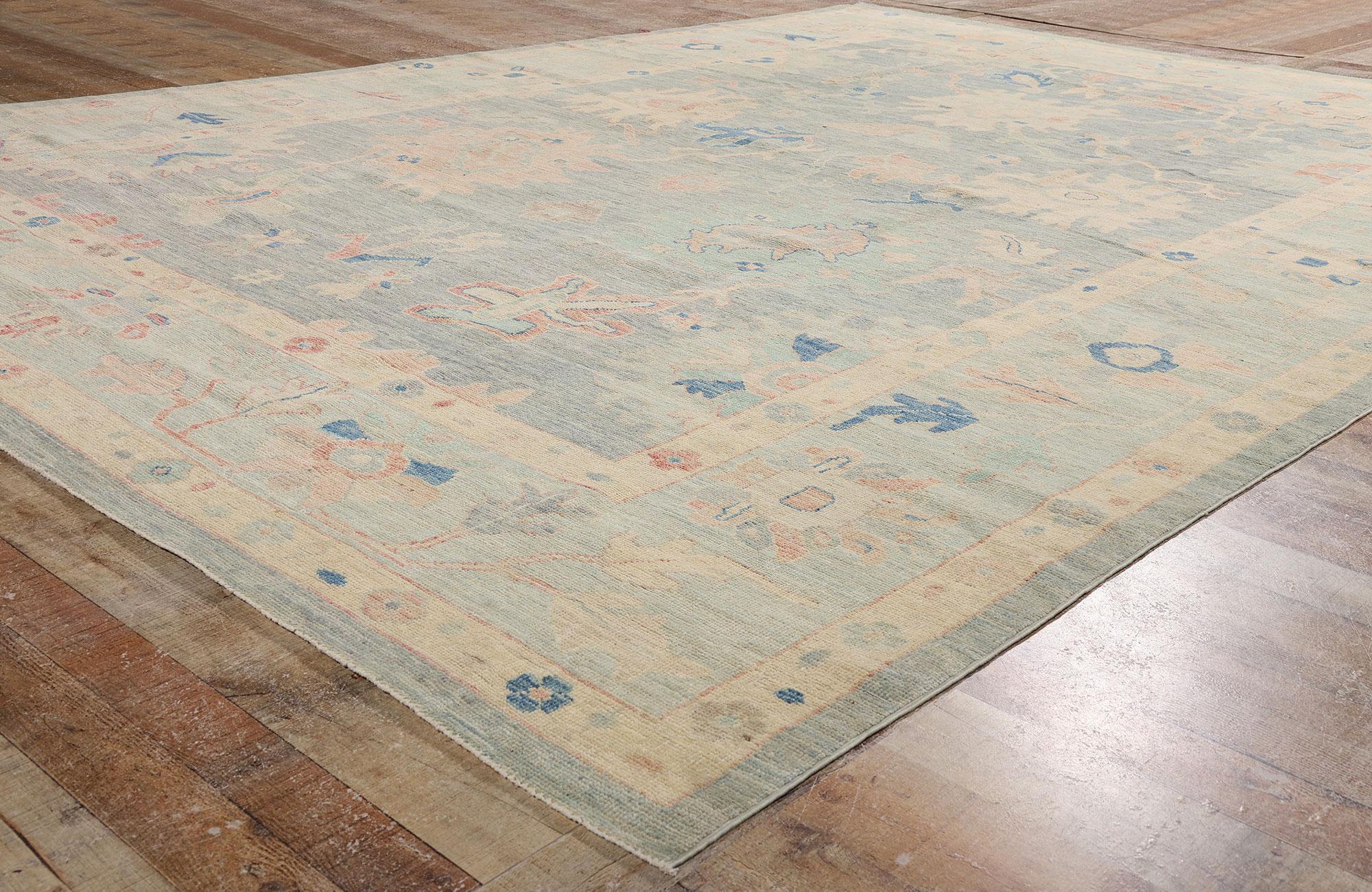 Wool New Modern Light Blue Oushak Rug with Transitional Style For Sale