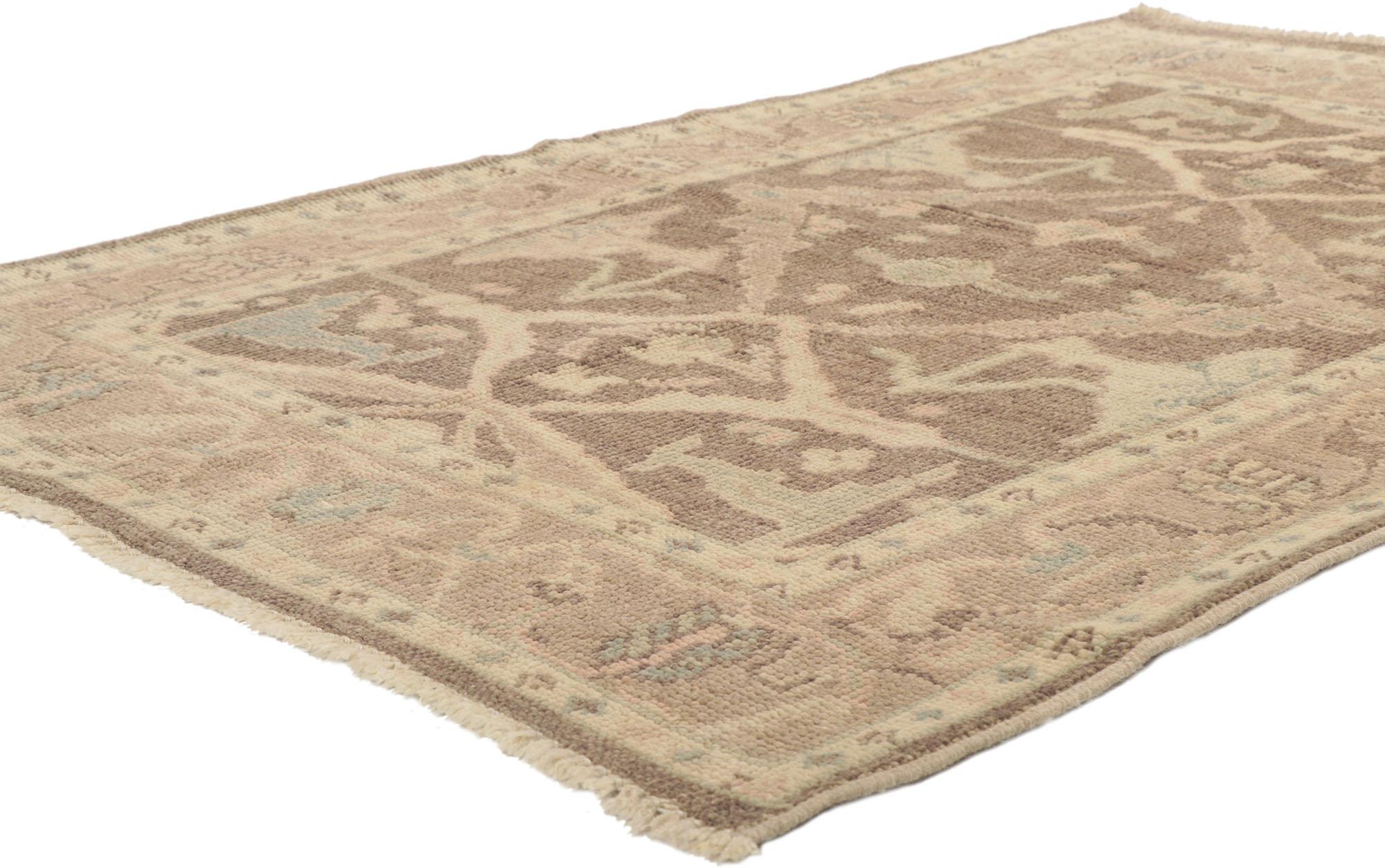 80685 new contemporary oushak rug with Modern style 04'01 x 06'00. Polished and playful, this hand-knotted wool small Oushak rug beautifully embodies a modern style. The abrashed field features a botanical pattern composed of amorphous organic