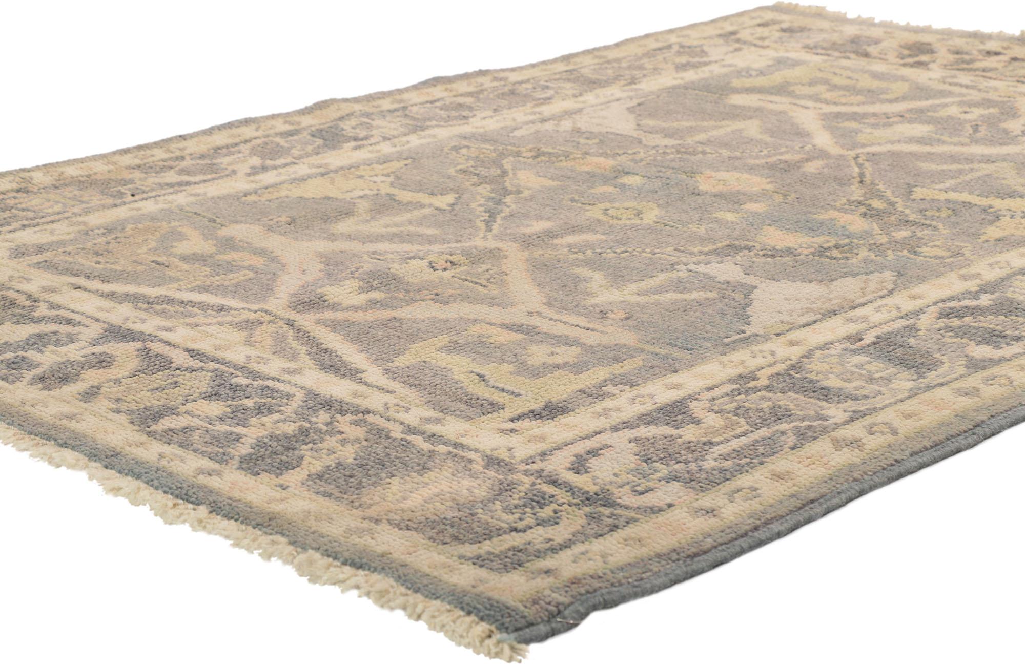 80687 New Contemporary Oushak rug with Modern Style 04'00 x 05'09. Polished and playful, this hand-knotted wool small Oushak rug beautifully embodies a modern style. The abrashed field features a botanical pattern composed of angular vinery and