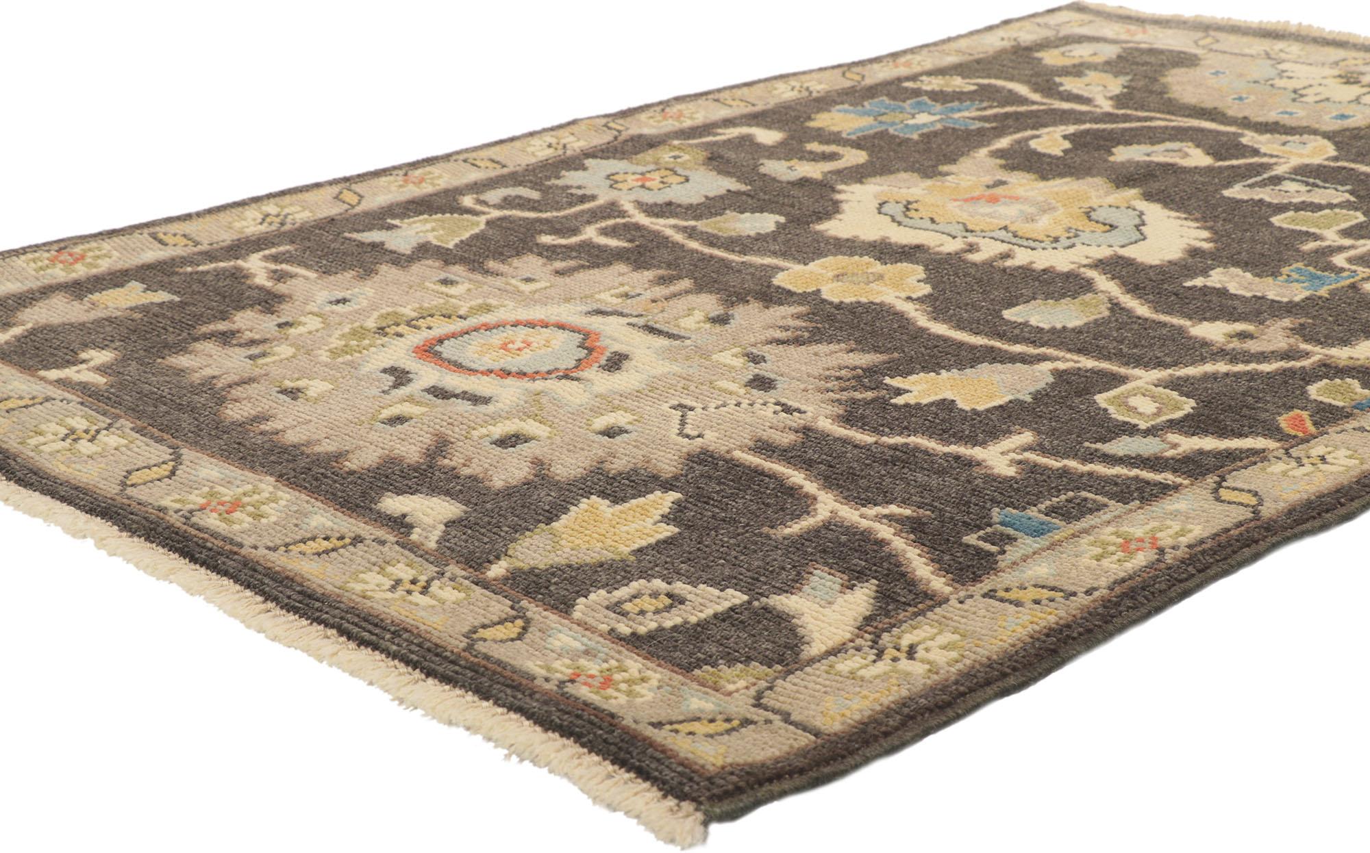 80688 New Contemporary Oushak rug with Modern Style 04'00 x 06'00. With its timeless design and sophisticated elegance, this hand-knotted wool small Oushak rug beautifully embodies a modern style. The abrashed brownish-charcoal hued field features a