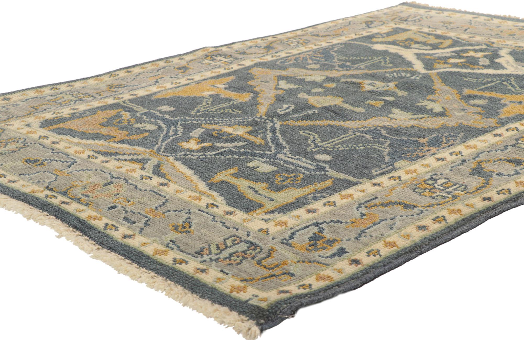 80692 New Contemporary Oushak rug with modern style 04'01 x 05'10. With its timeless design and sophisticated elegance, this hand-knotted wool small Oushak rug beautifully embodies a modern style. The abrashed blue-gray field features a botanical