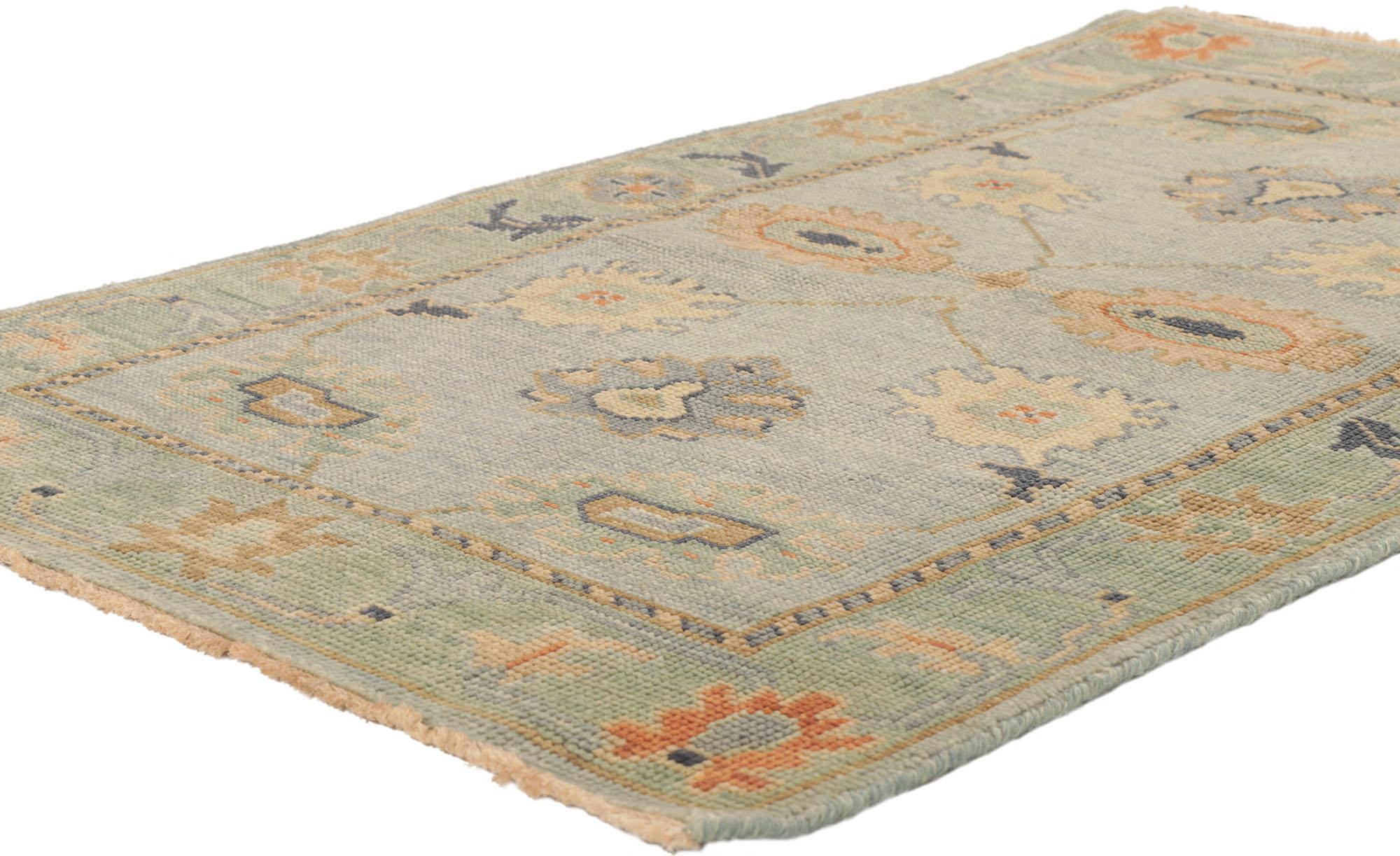 80693 New Contemporary Oushak Rug with Modern Style 03'02 x 05'03. With its timeless design and sophisticated elegance, this hand-knotted wool small Oushak rug beautifully embodies a modern style. The abrashed light blue field features a botanical