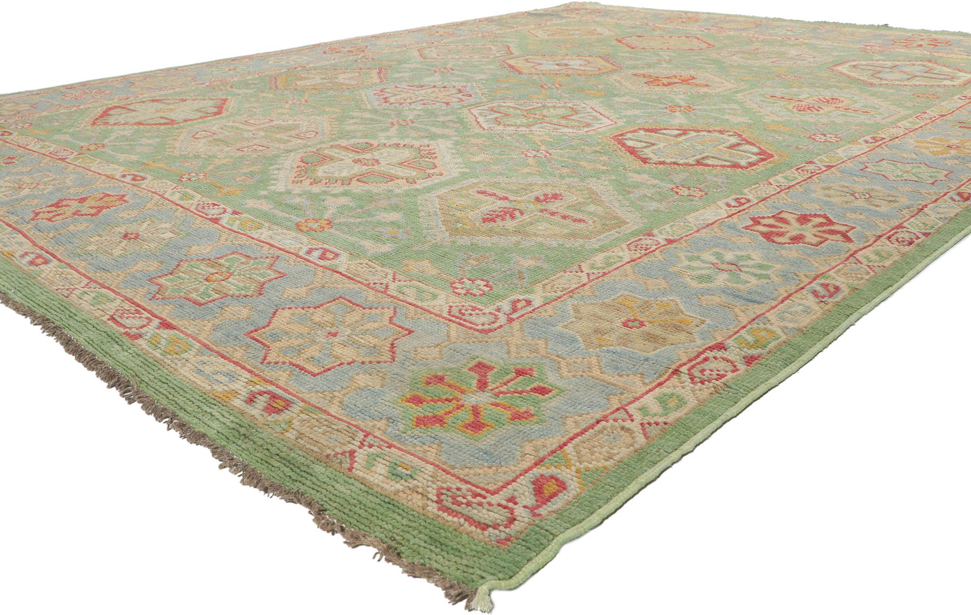 80734 New Colorful Green Modern Oushak Rug, 09'00 x 12'02. Rooted in centuries of Anatolian tradition and reimagined through a lens of modern sophistication, this hand-knotted wool Oushak rug from Pakistan is a rare and refined masterpiece, destined