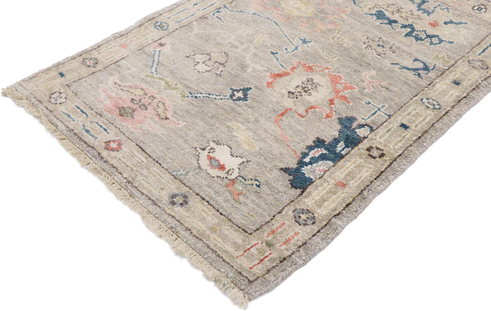 30647 New Contemporary Indian Oushak Rug with Modern Transitional Style 02'02 x 03'02. Displaying a timeless design and soft colors, serve up sophistication and modern elegance with this hand-knotted silk contemporary Oushak style rug. An array of