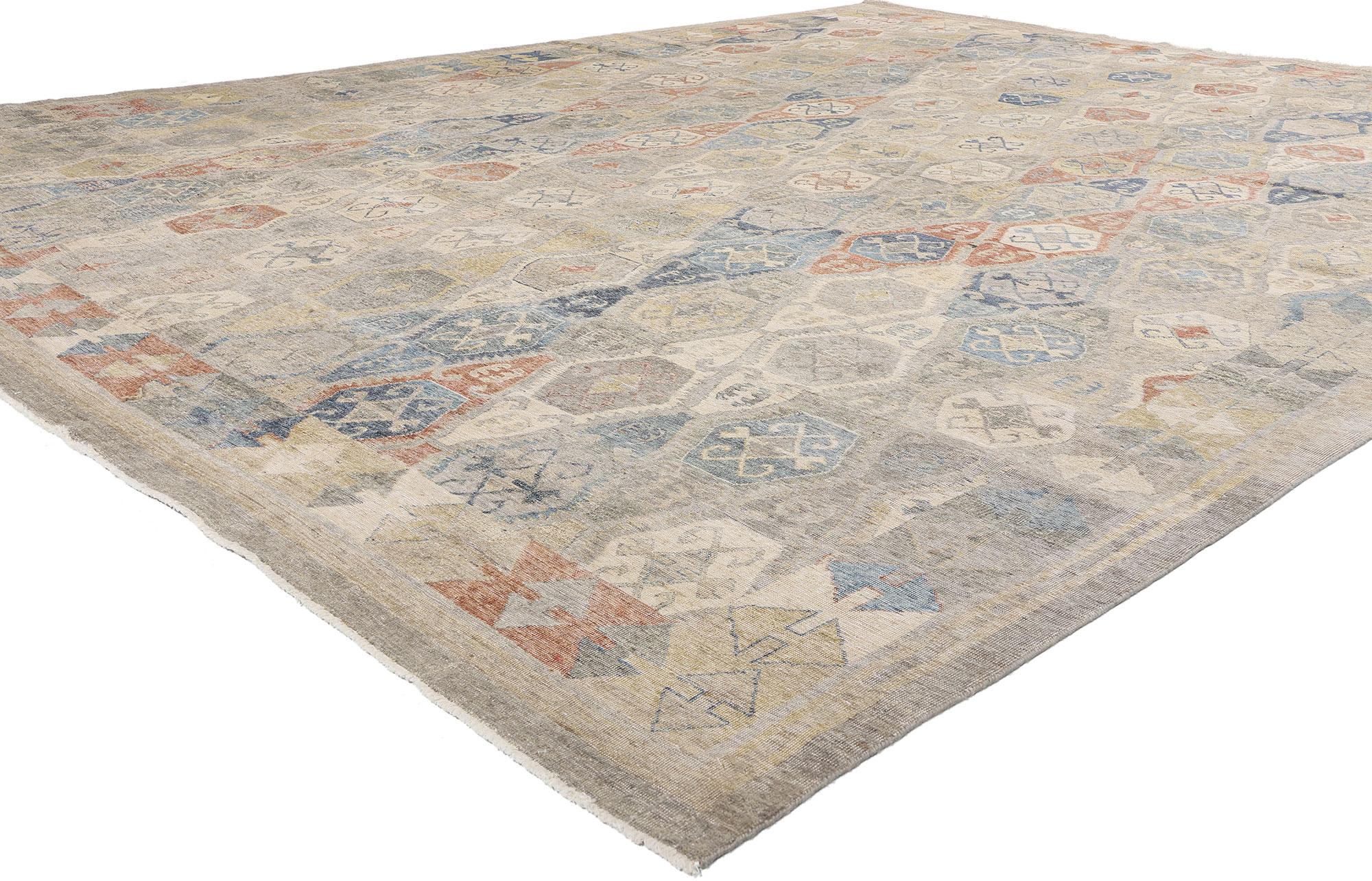 30626 New Vintage-Inspired Oushak Rug, 11'07 x 14'09. Woven with echoes of ancient Anatolian symbols and reborn through the lens of modern design, this hand-knotted wool Oushak rug is a striking tribute to the enduring power of tribal artistry.