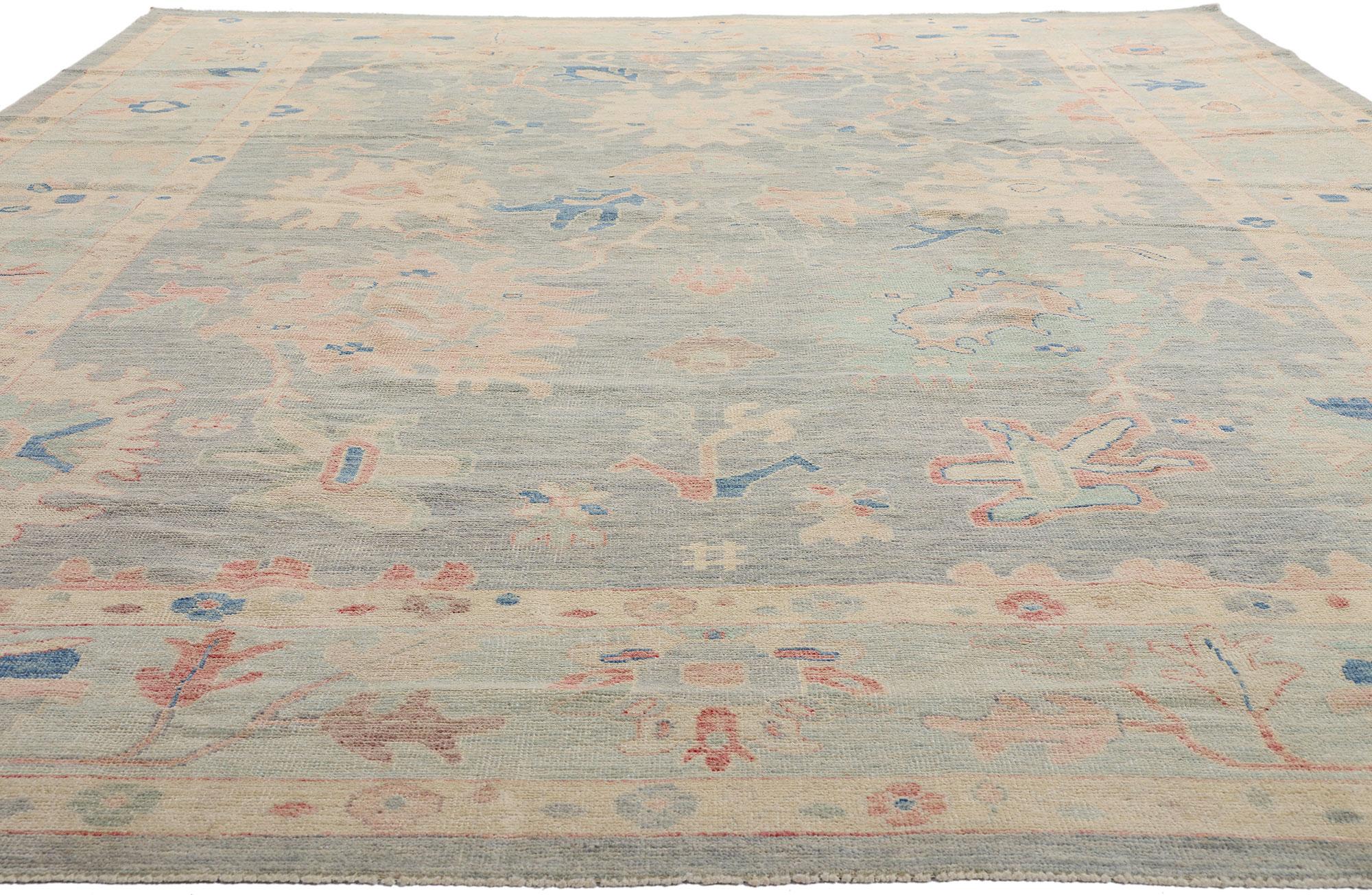 80929 New Modern Light Blue Oushak Rug, 10'00 x 13'10. Step into a world of refined tranquility with this hand-knotted wool modern Oushak rug from Pakistan—a breathtaking composition that whispers exclusivity through every fiber. Rendered in an