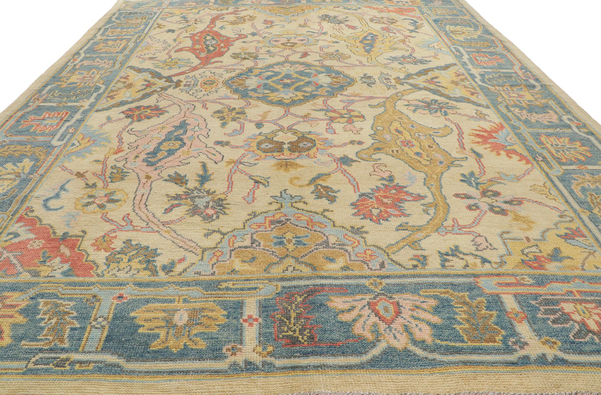 Hand-Knotted Colorful Oushak Rug, Contemporary Elegance Meets Modern Jungalow Style For Sale