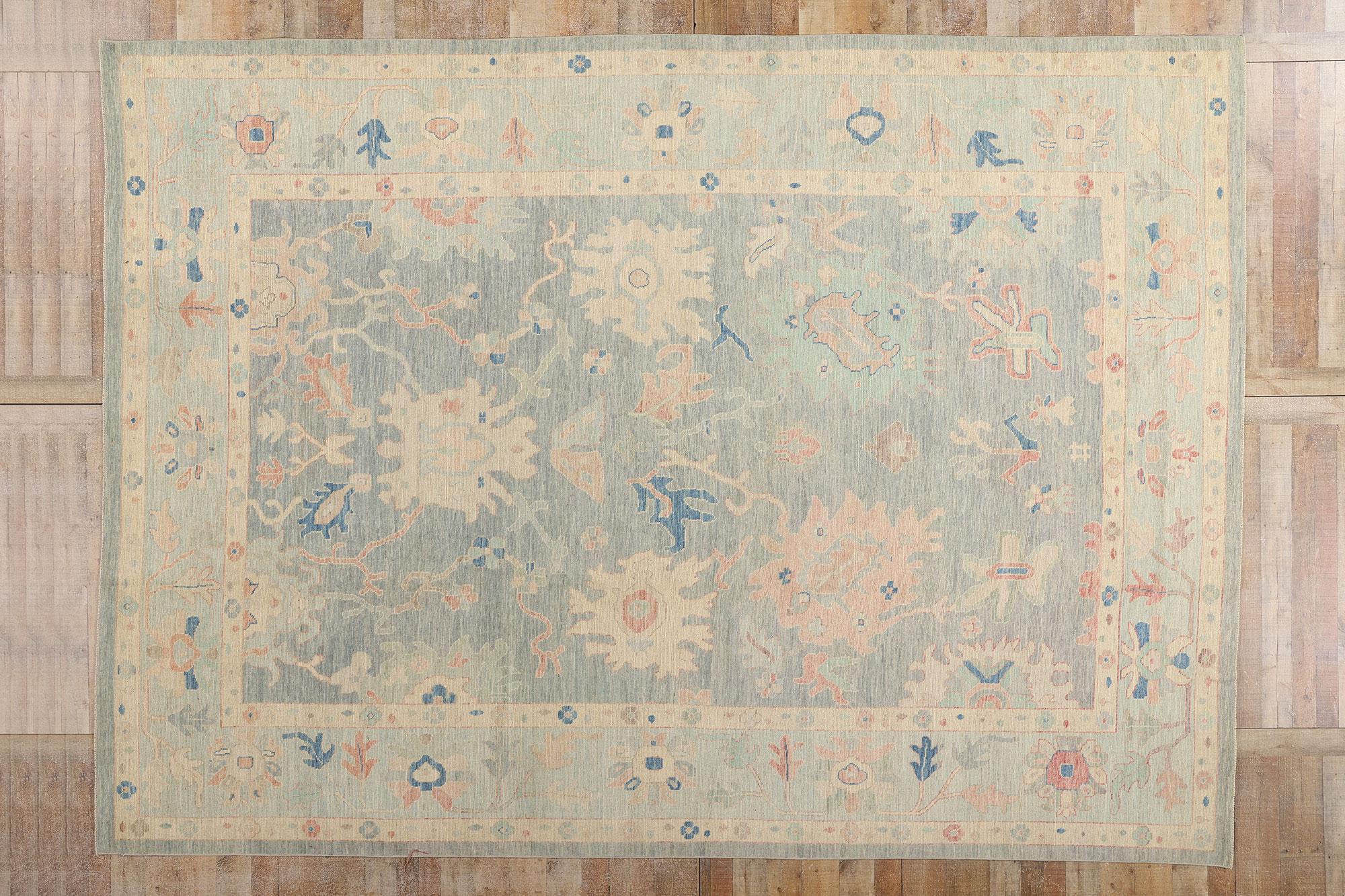 New Modern Light Blue Oushak Rug with Transitional Style For Sale 1
