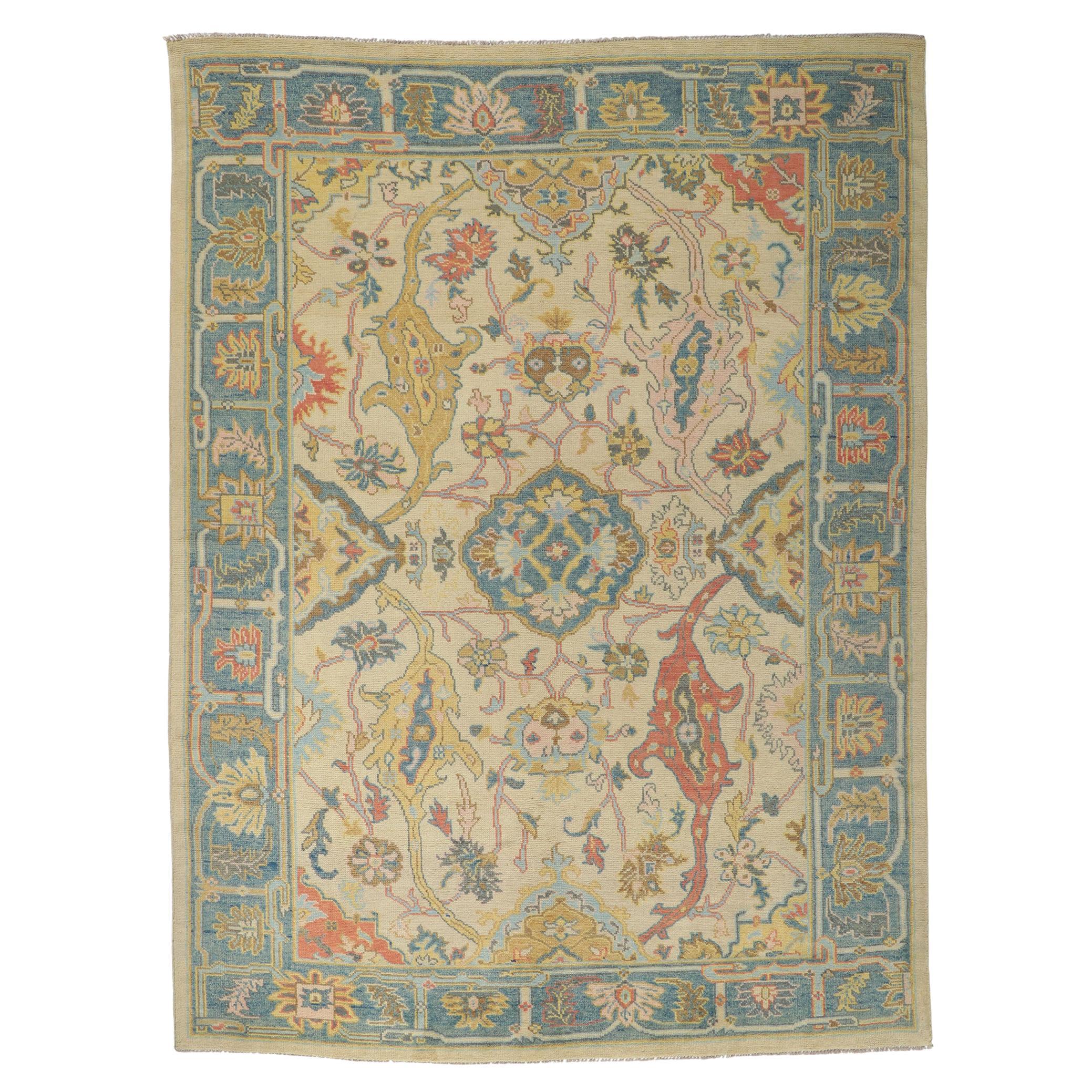 Colorful Oushak Rug, Contemporary Elegance Meets Modern Jungalow Style For Sale