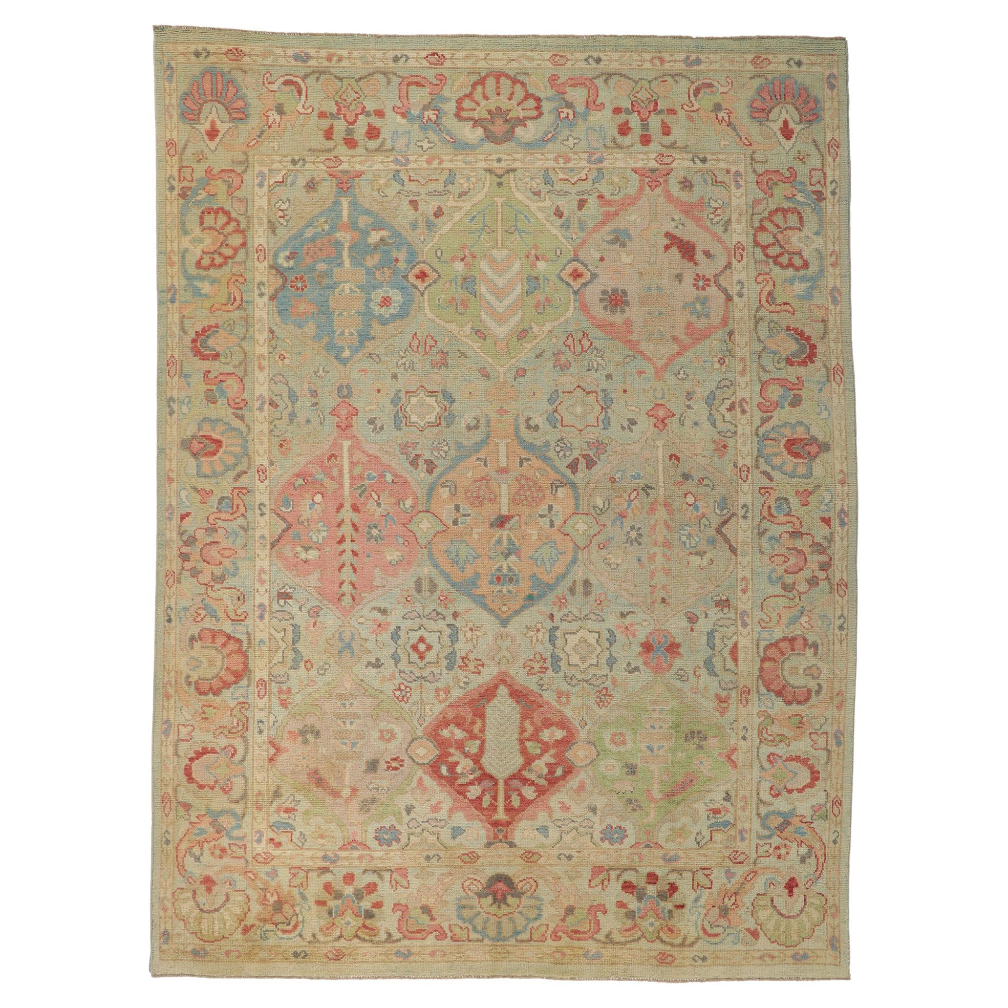 Modern Colorful Oushak Rug, Grandmillenial Meets Contemporary Elegance For Sale