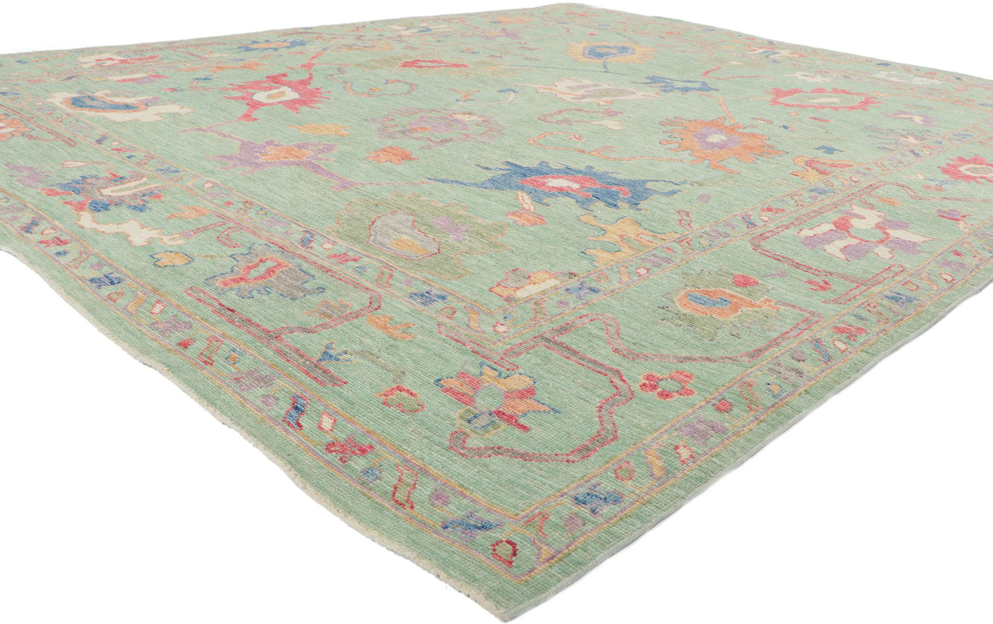 80901 New Colorful Green Oushak Rug with Modern Style, 
Polished and playful, this hand-knotted wool colorful Oushak rug beautifully embodies a modern style. The composition features an all-over botanical pattern composed of amorphous organic motifs