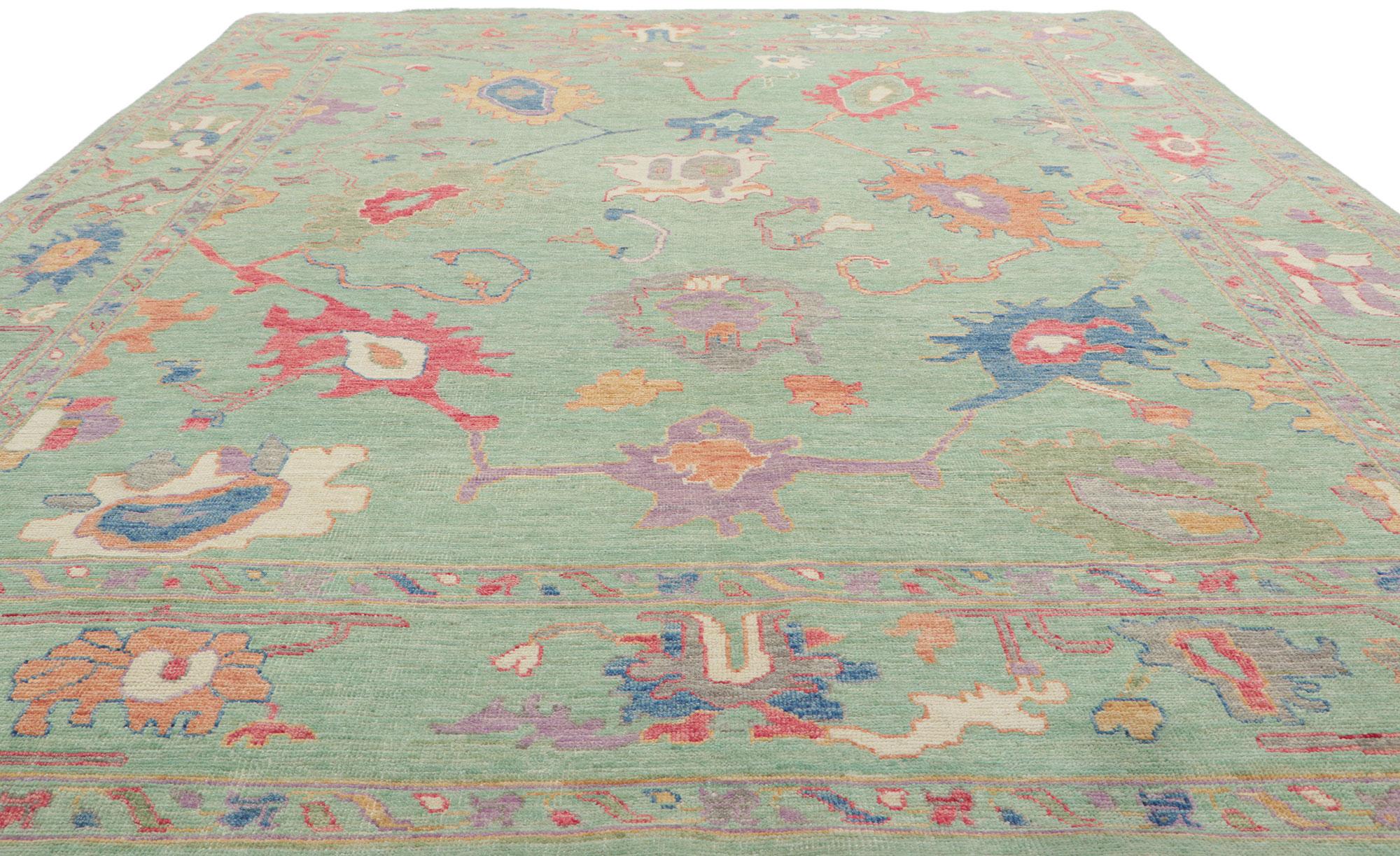 Hand-Knotted New Colorful Green Oushak Rug For Sale