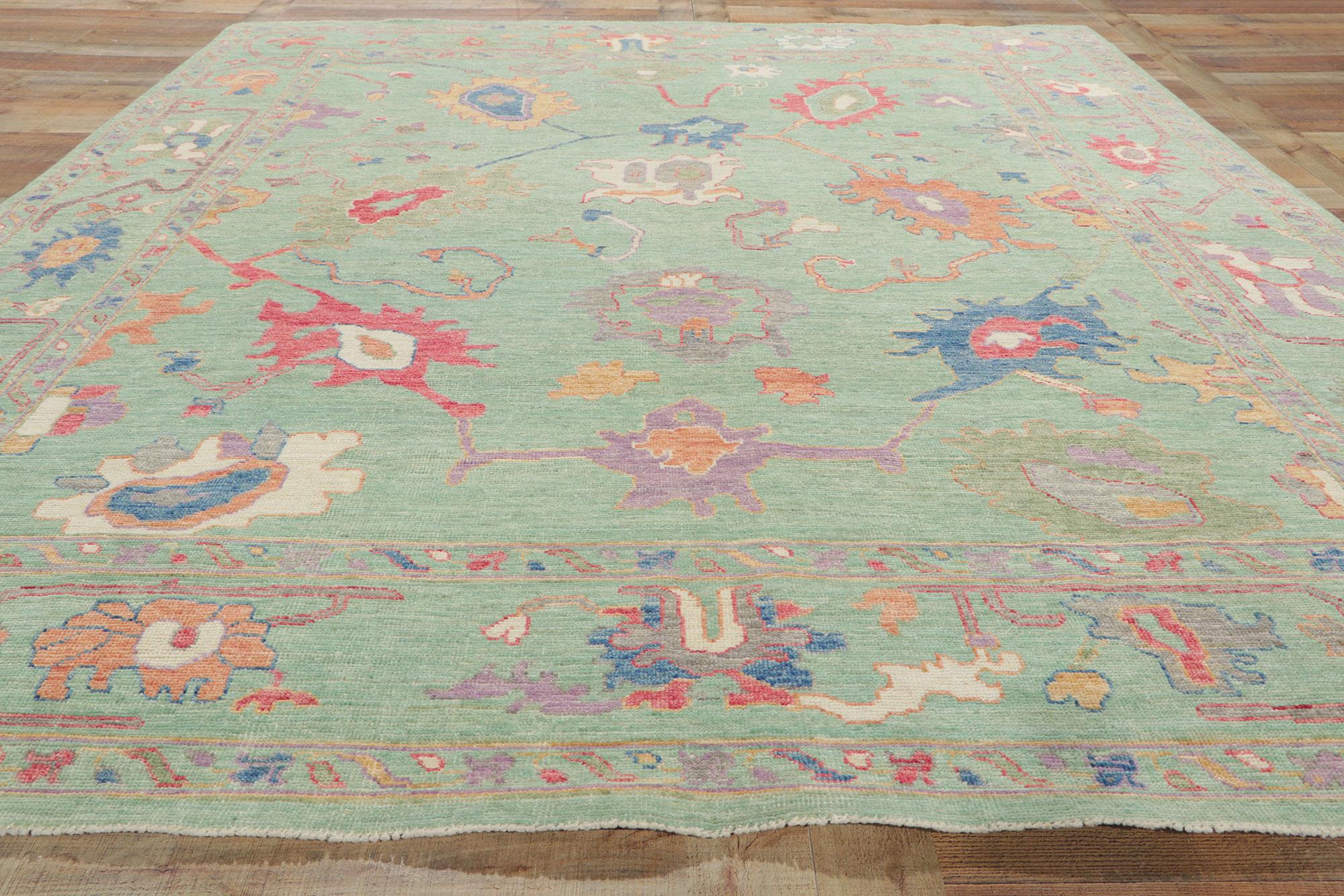 Wool New Colorful Green Oushak Rug For Sale
