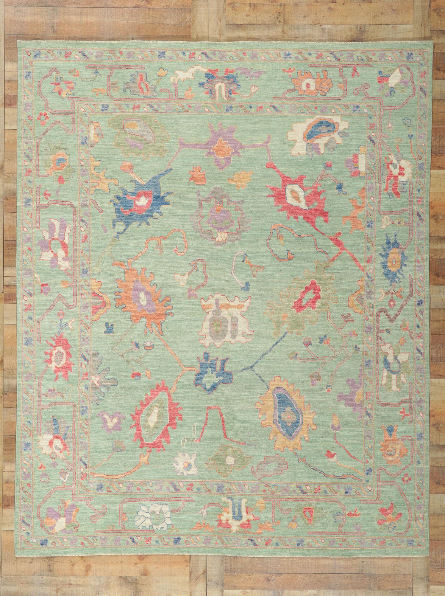 New Colorful Green Oushak Rug with Modern Style For Sale 1