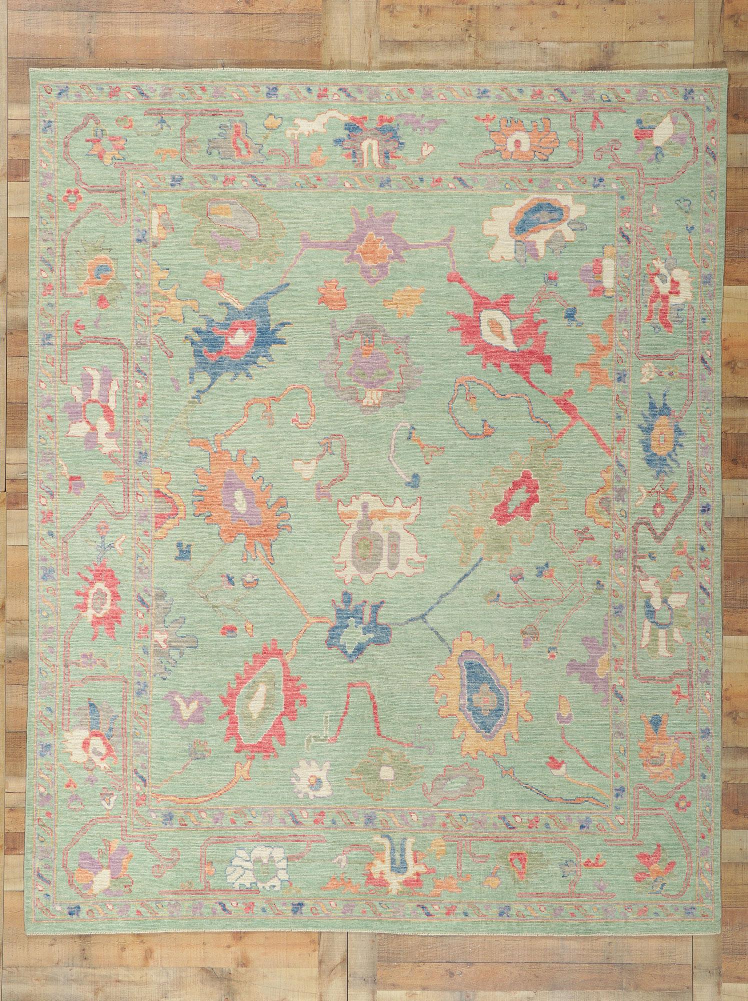 New Colorful Green Oushak Rug For Sale 1