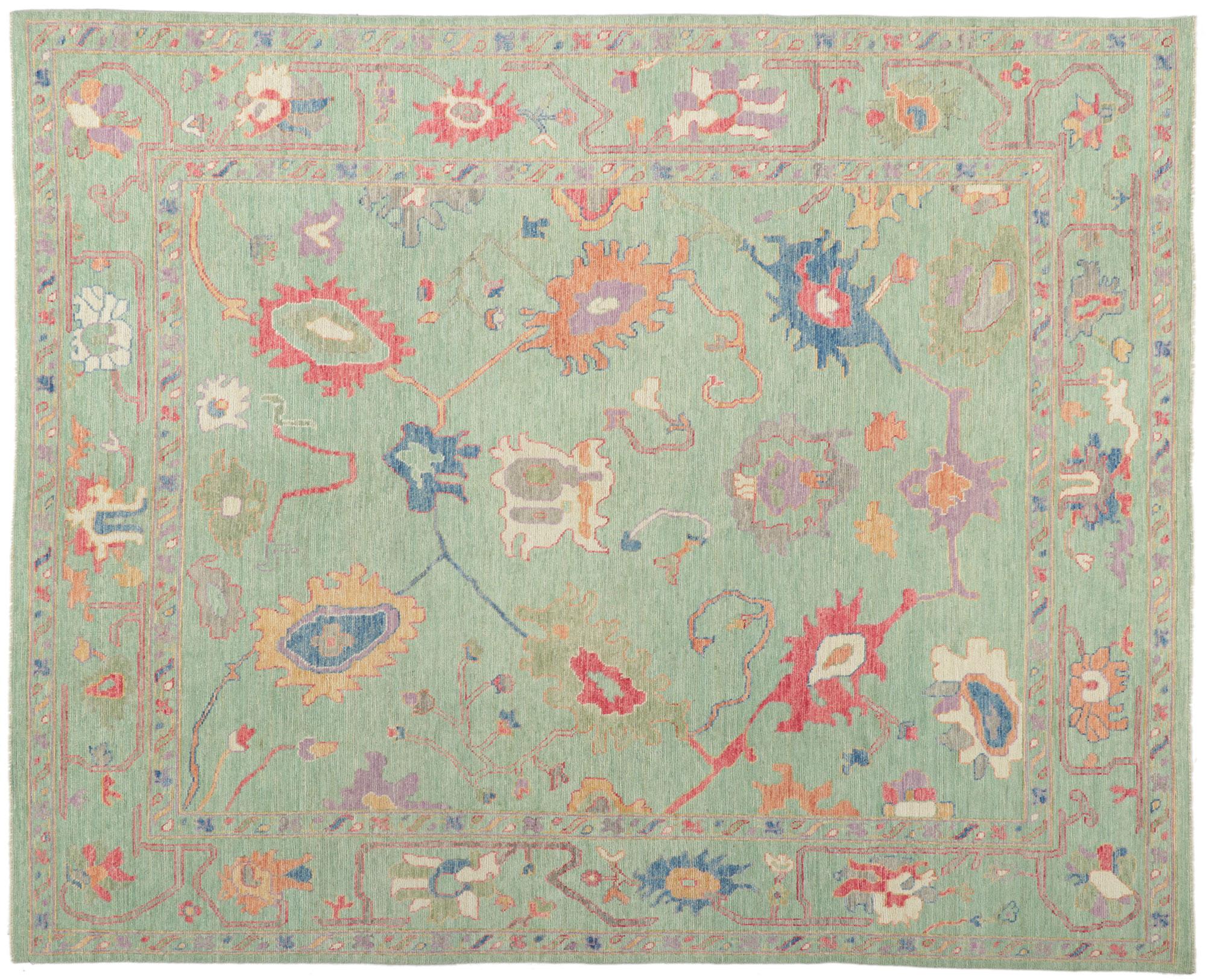 New Colorful Green Oushak Rug For Sale 2