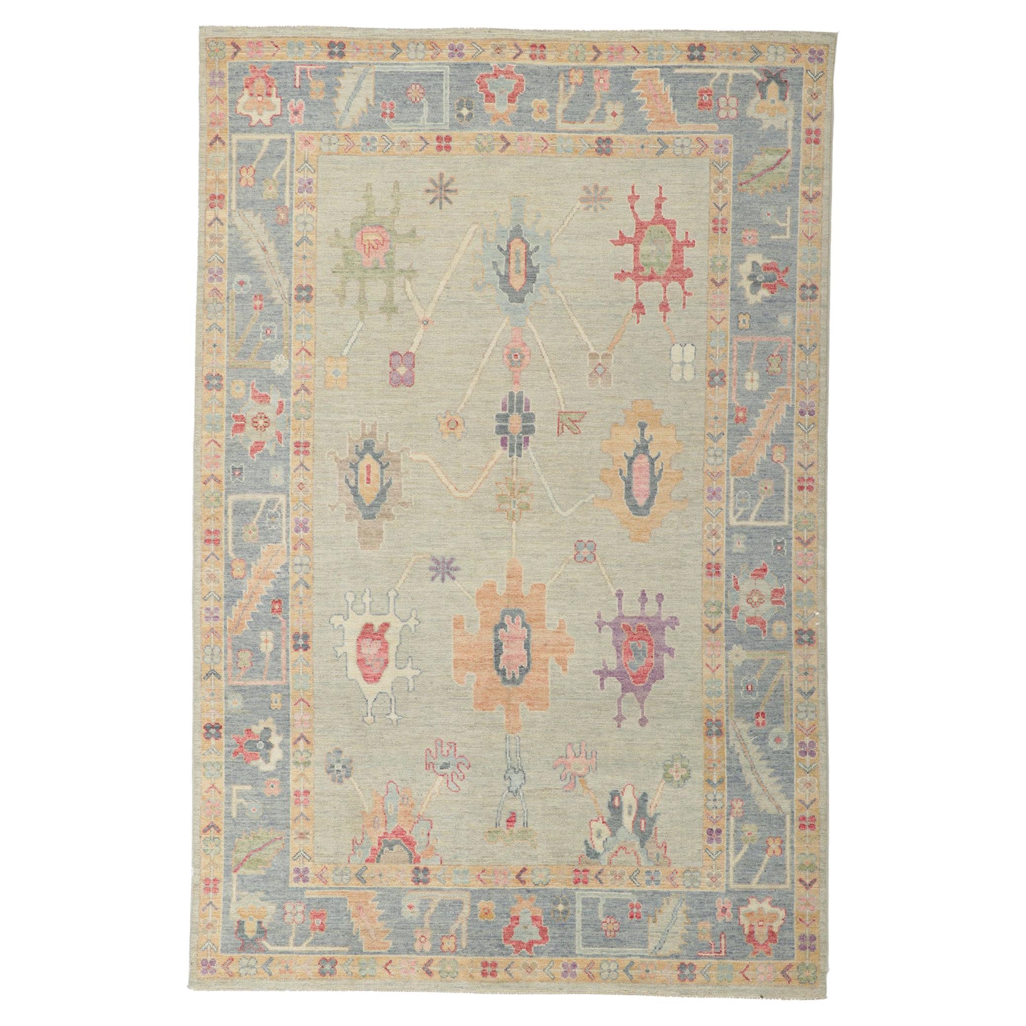 New Contemporary Oushak Rug with Soft Colors For Sale