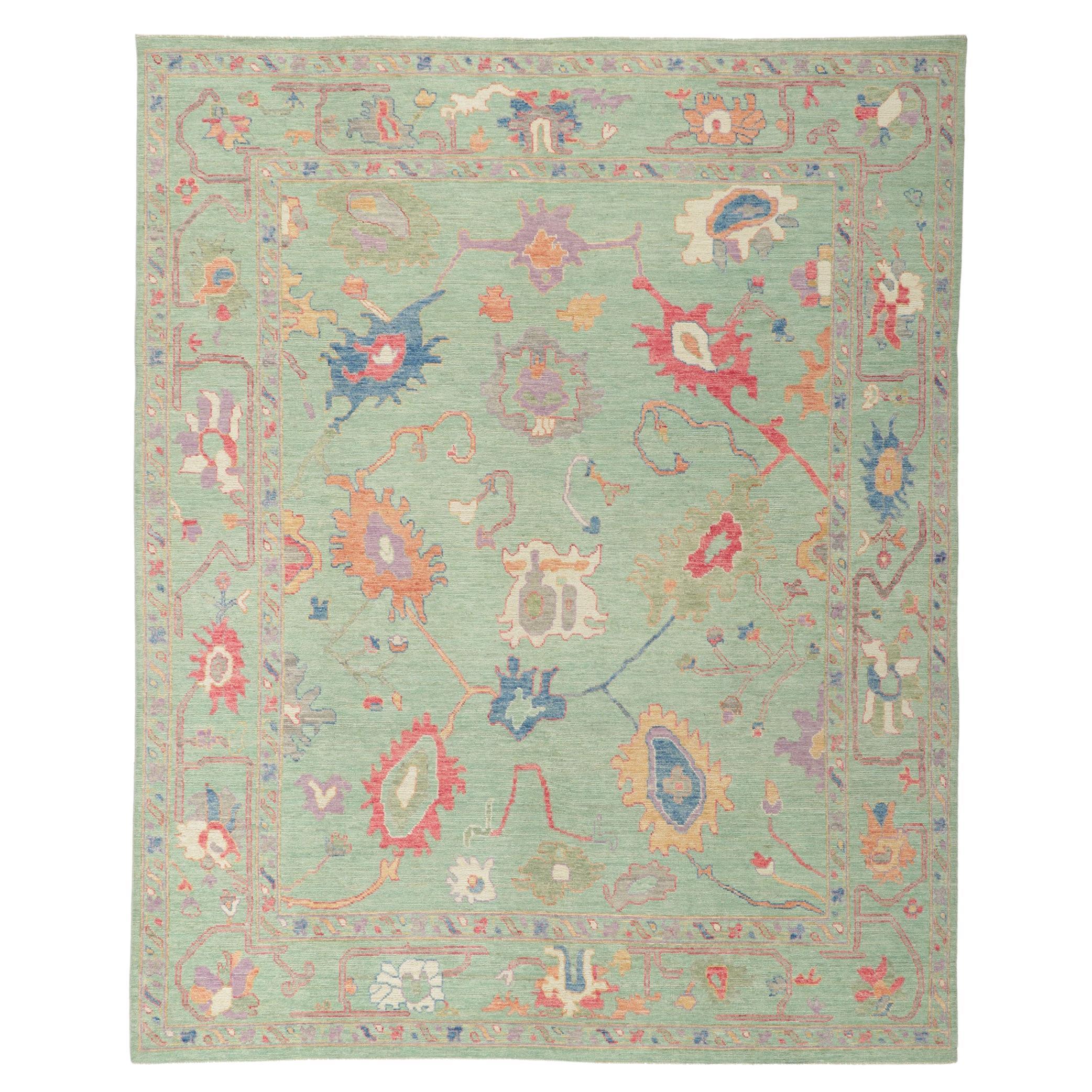 New Colorful Green Oushak Rug For Sale