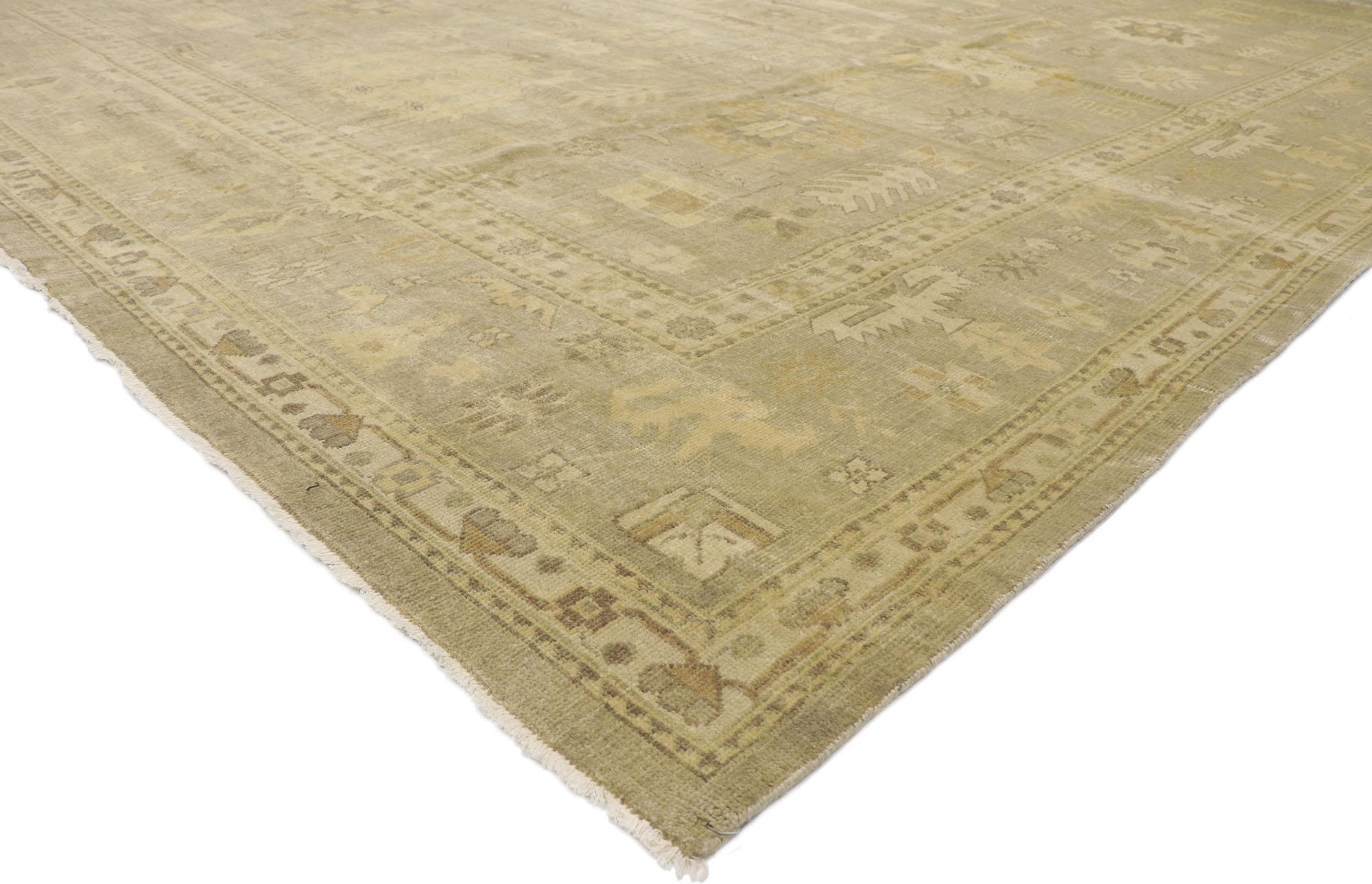 30183 new contemporary Oushak rug with transitional style and neutral colors. This hand knotted wool new contemporary Oushak rug features an all-over botanical pattern composed of Harshang-style motifs, cubes, comb motifs, tree of life designs,