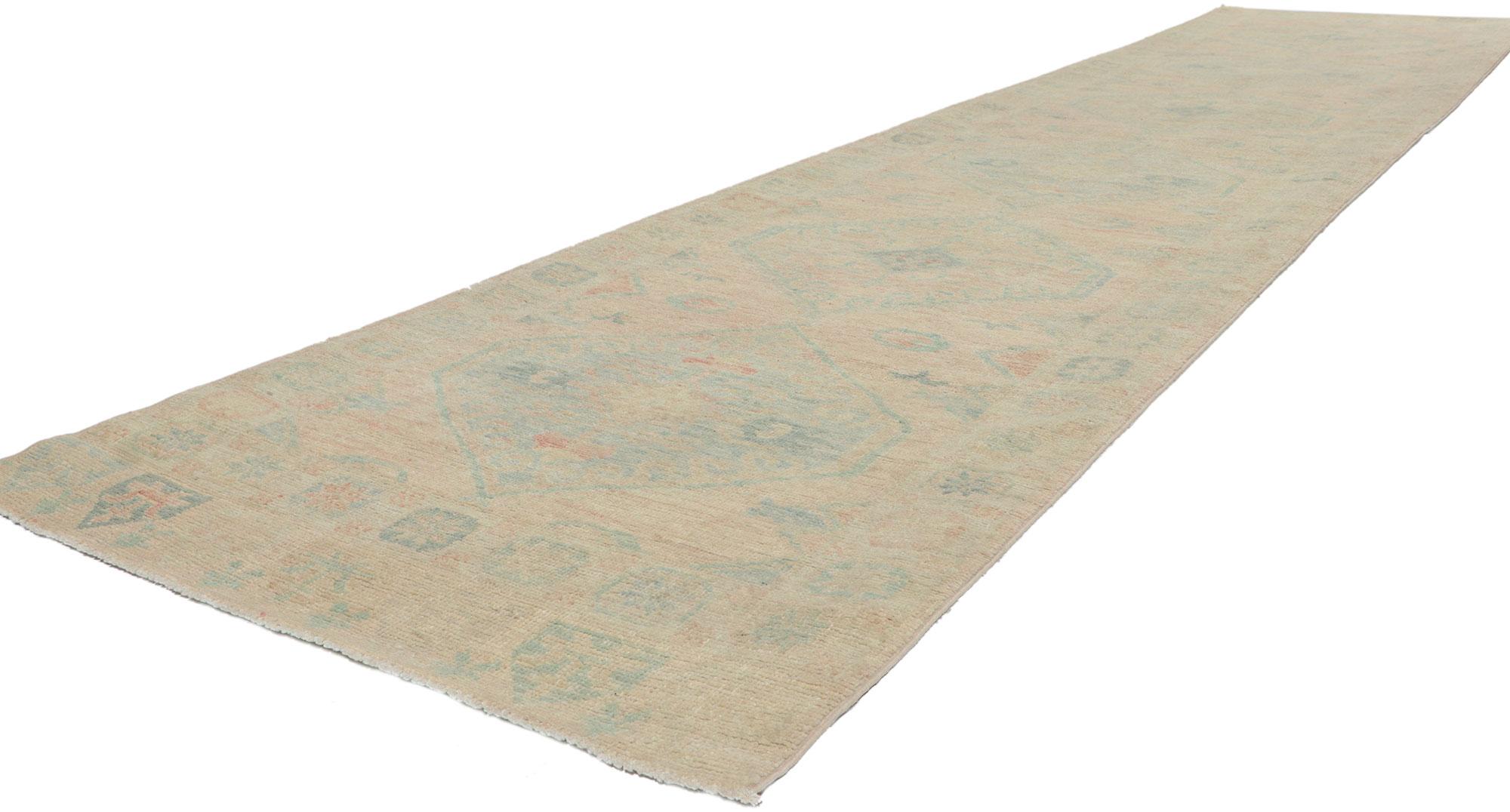 80880 Contemporary Oushak Runner, 03'01 x 14'02. Polished and playful, this hand-knotted wool contemporary Contemporary Oushak runner beautifully embodies a modern style. With elements of comfort, modern style and functional versatility, this Oushak