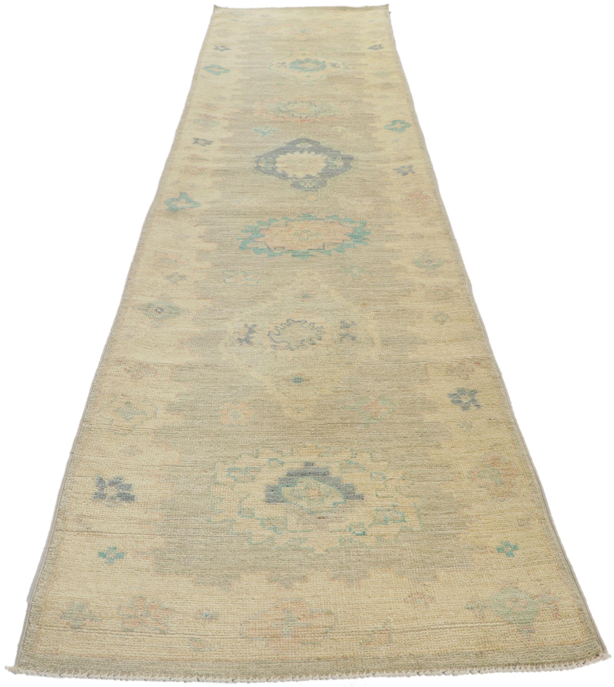 Pakistani Modern Pastel Oushak Runner, Contemporary Elegance Meets Tranquil Sensibility For Sale