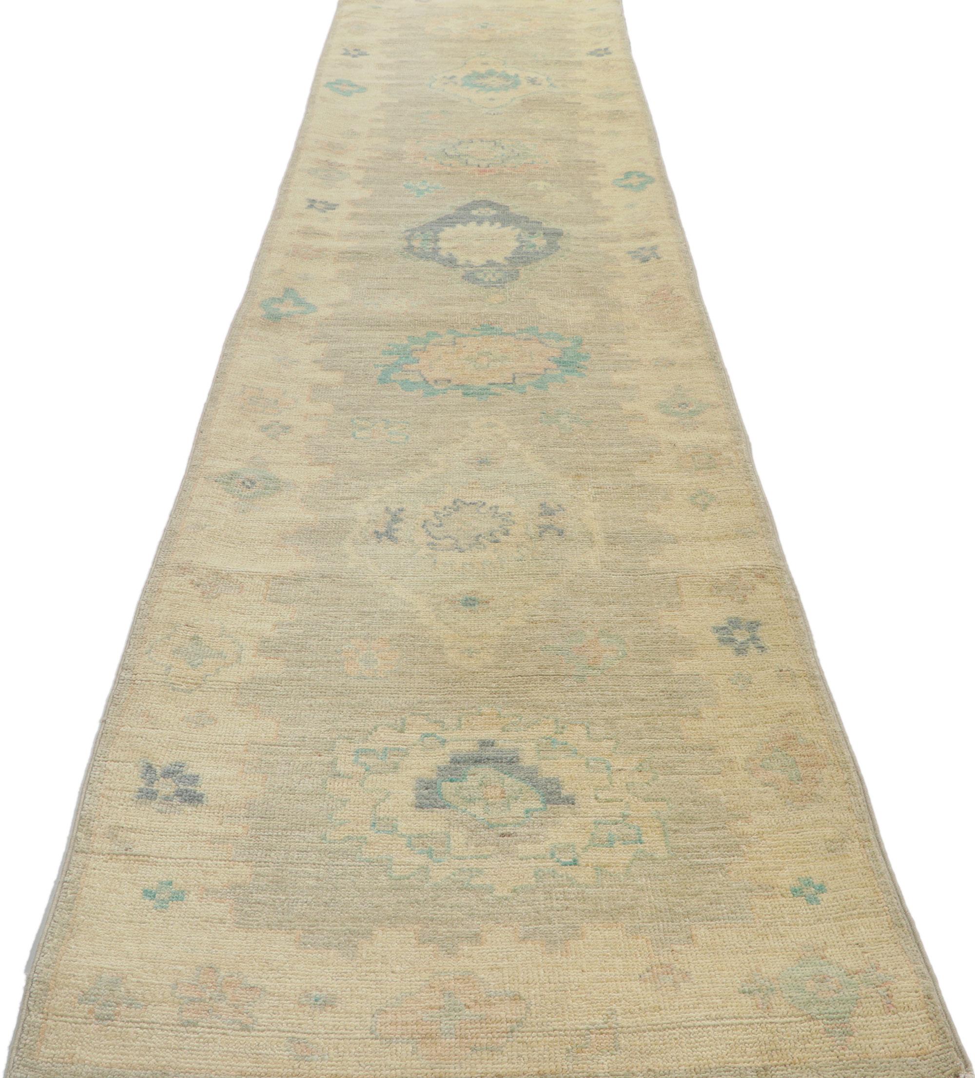 Hand-Knotted Modern Pastel Oushak Runner, Contemporary Elegance Meets Tranquil Sensibility For Sale