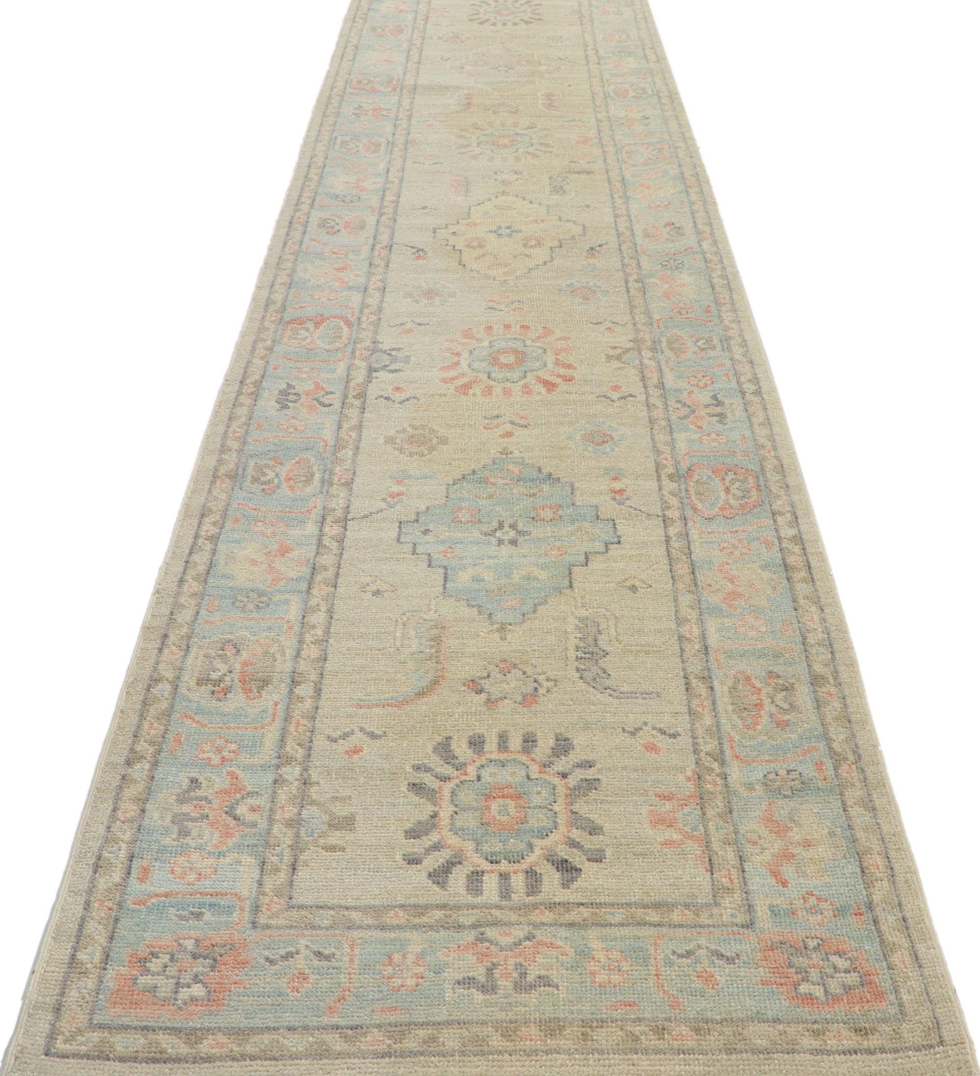 Hand-Knotted Modern Oushak Runner, Quiet Sophistication Meets Contemporary Elegance For Sale
