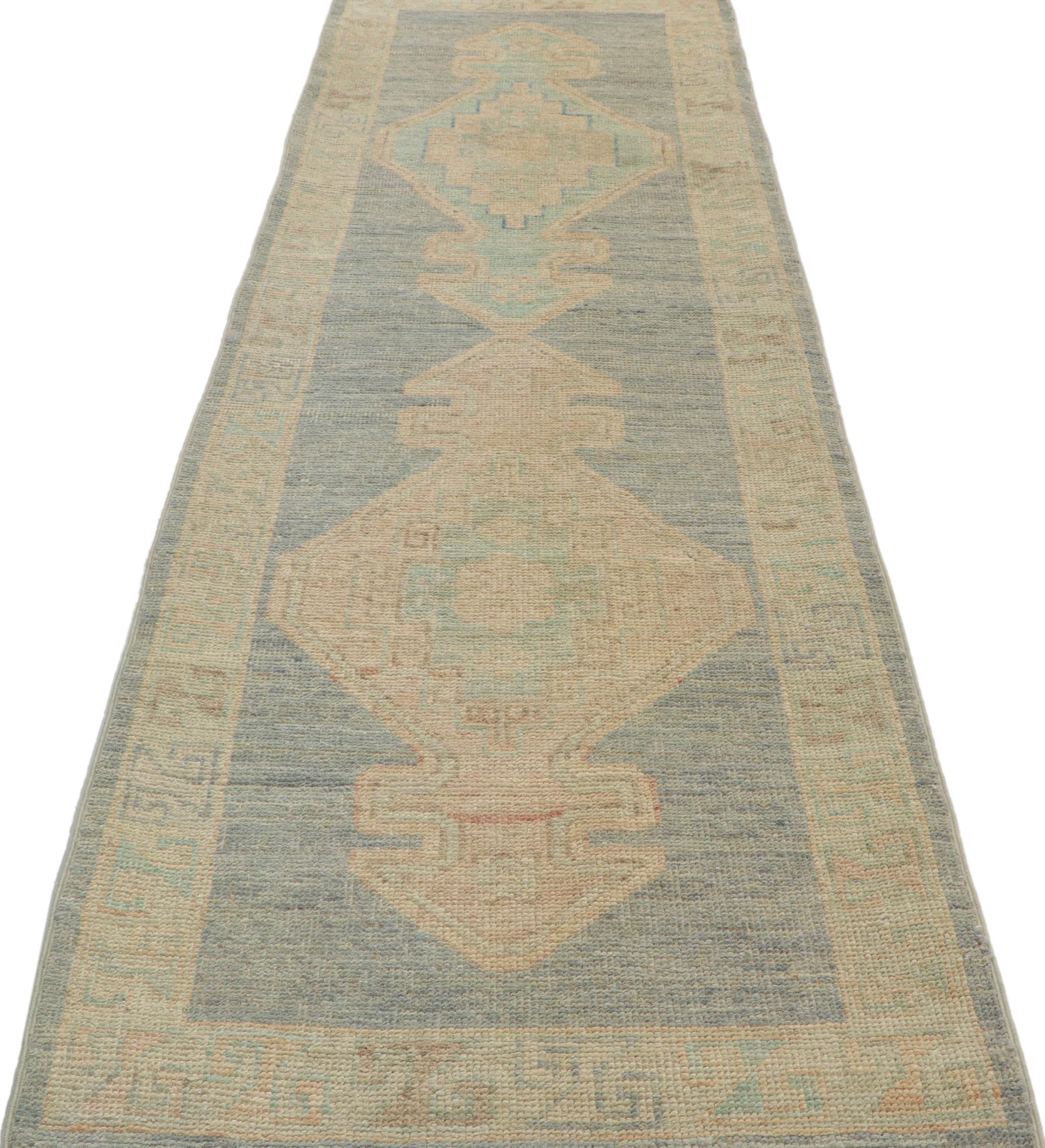 Hand-Knotted New Contemporary Oushak Runner with Modern Style For Sale