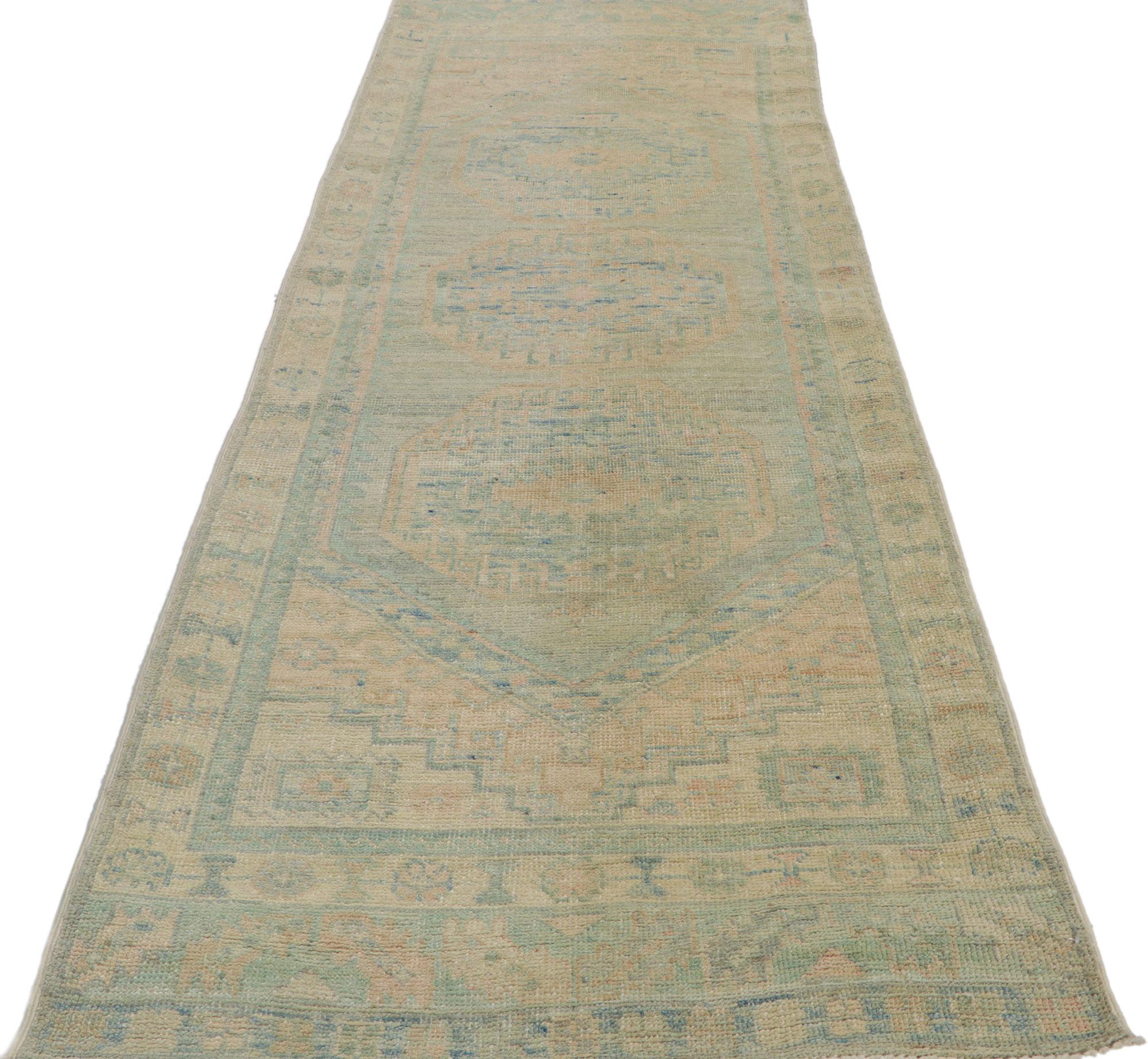 Hand-Knotted New Contemporary Oushak Runner with Vintage Style For Sale