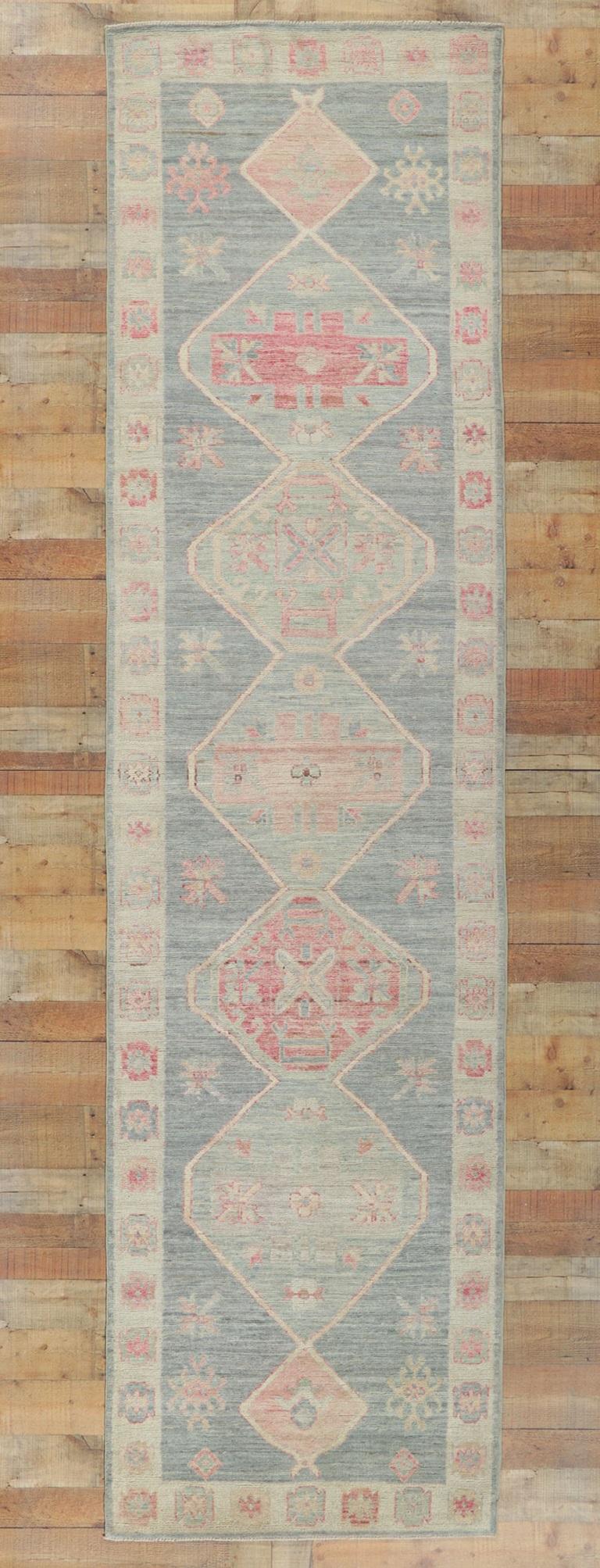 Contemporary New Vintage-Inspired Oushak Runner with Modern Style For Sale