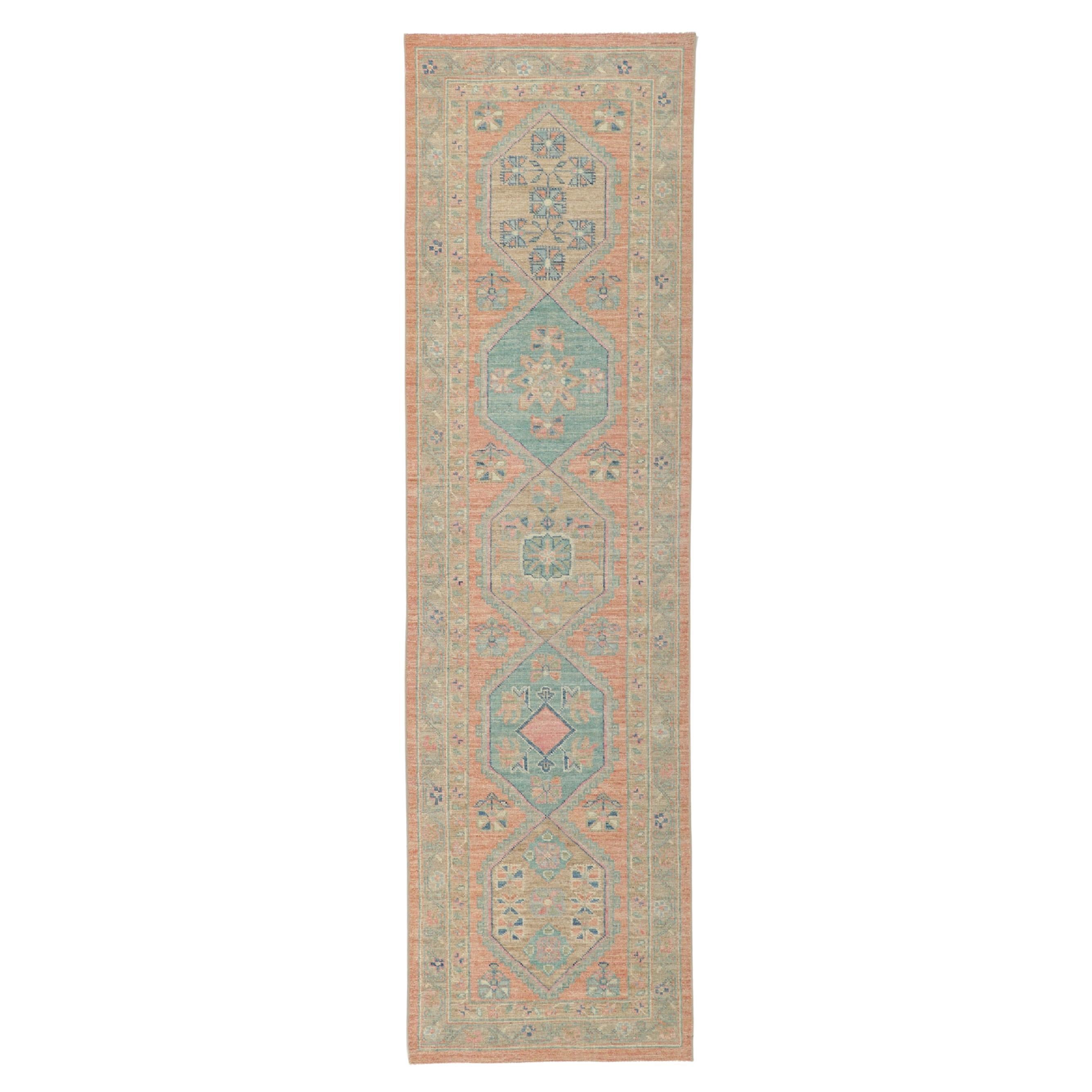 Colorful Modern Oushak Runner, Contemporary Elegance Meets Posh Pastels For Sale
