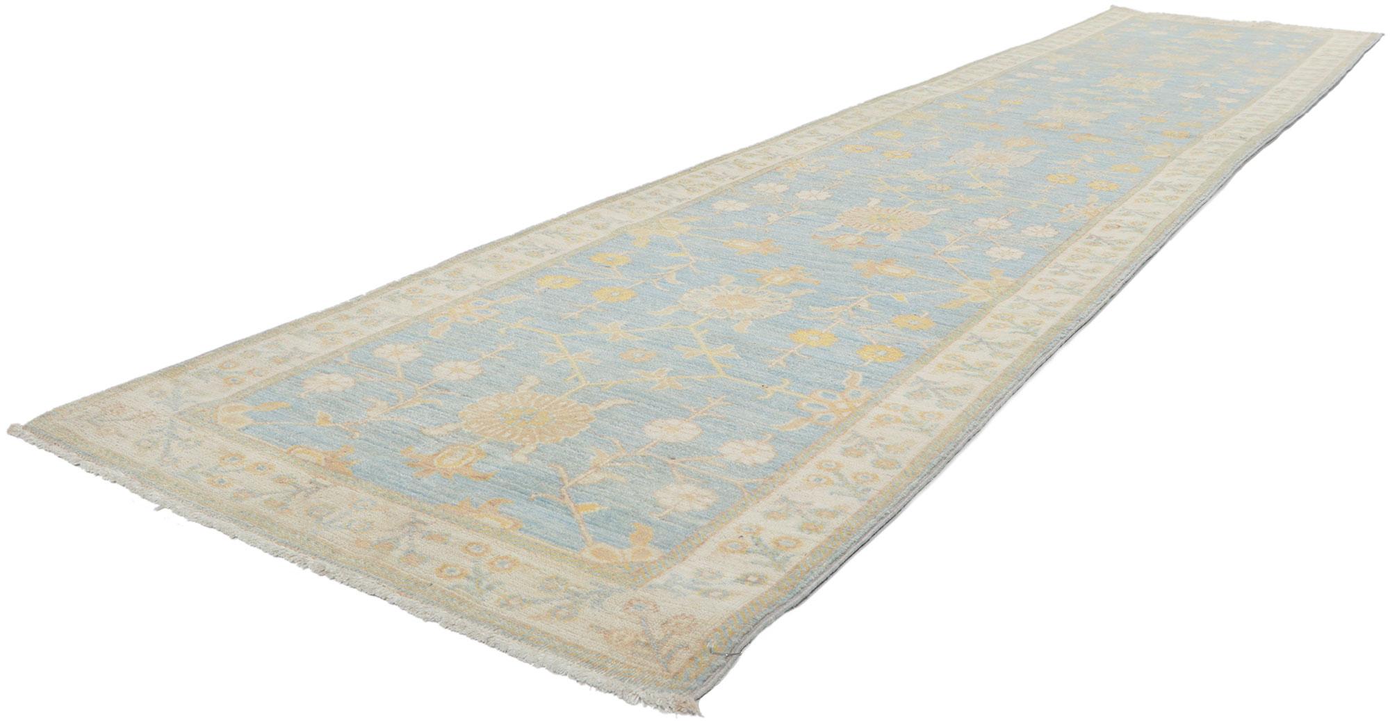 80976 New Contemporary oushak runner with soft colors, 02'07 x 12'04. The classic style and soft colors are tranquil and sophisticated. With its timeless design and understated elegance, this versatile Oushak carpet runner will create a welcoming