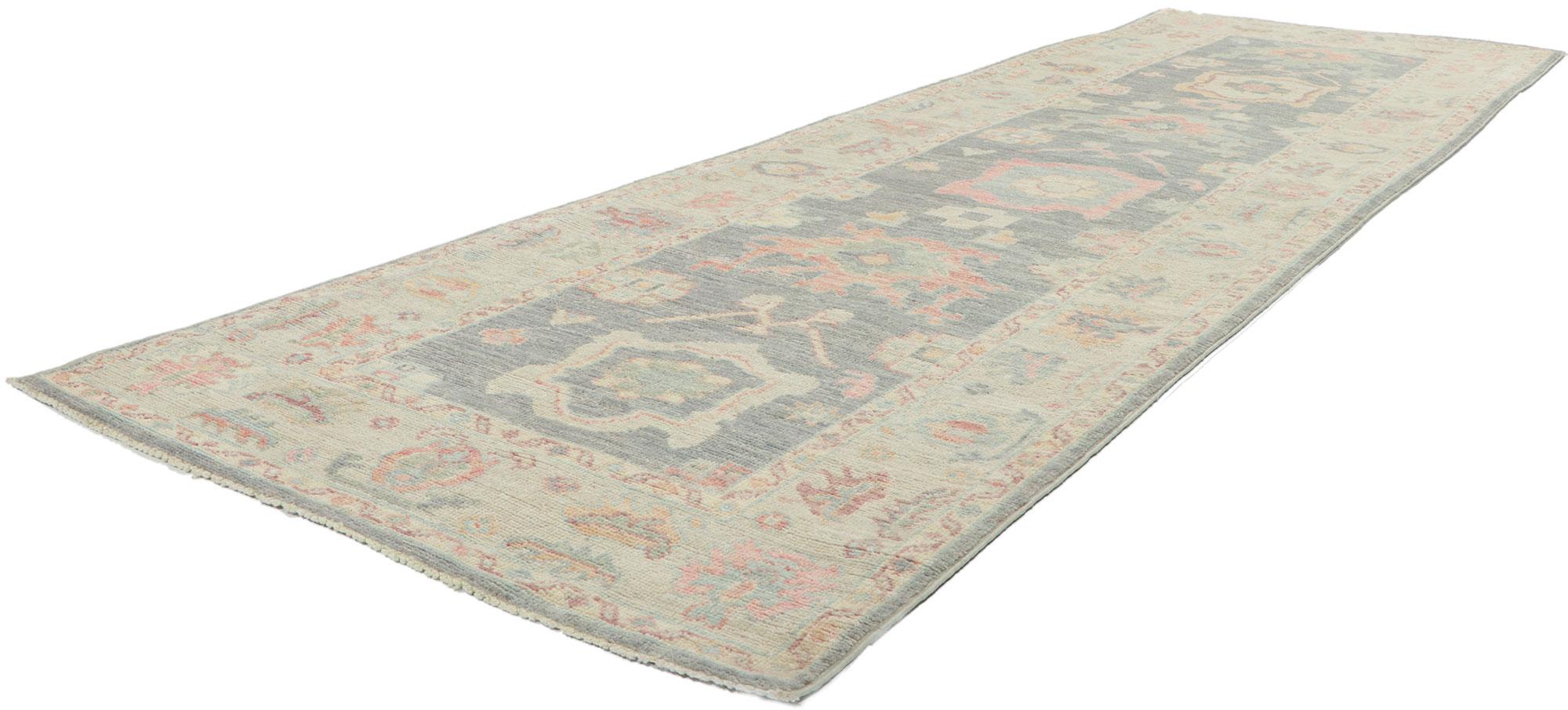 80860 New contemporary oushak runner with soft colors, 03'00 x 09'08. The classic style and soft colors are tranquil and sophisticated. With its timeless design and understated elegance, this versatile Oushak carpet runner will create a welcoming