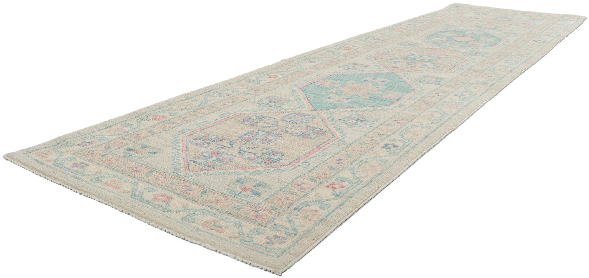80836 New contemporary oushak runner with soft colors, 02'09 x 10'03. The classic style and soft colors are tranquil and sophisticated. With its timeless design and understated elegance, this versatile Oushak carpet runner will create a welcoming