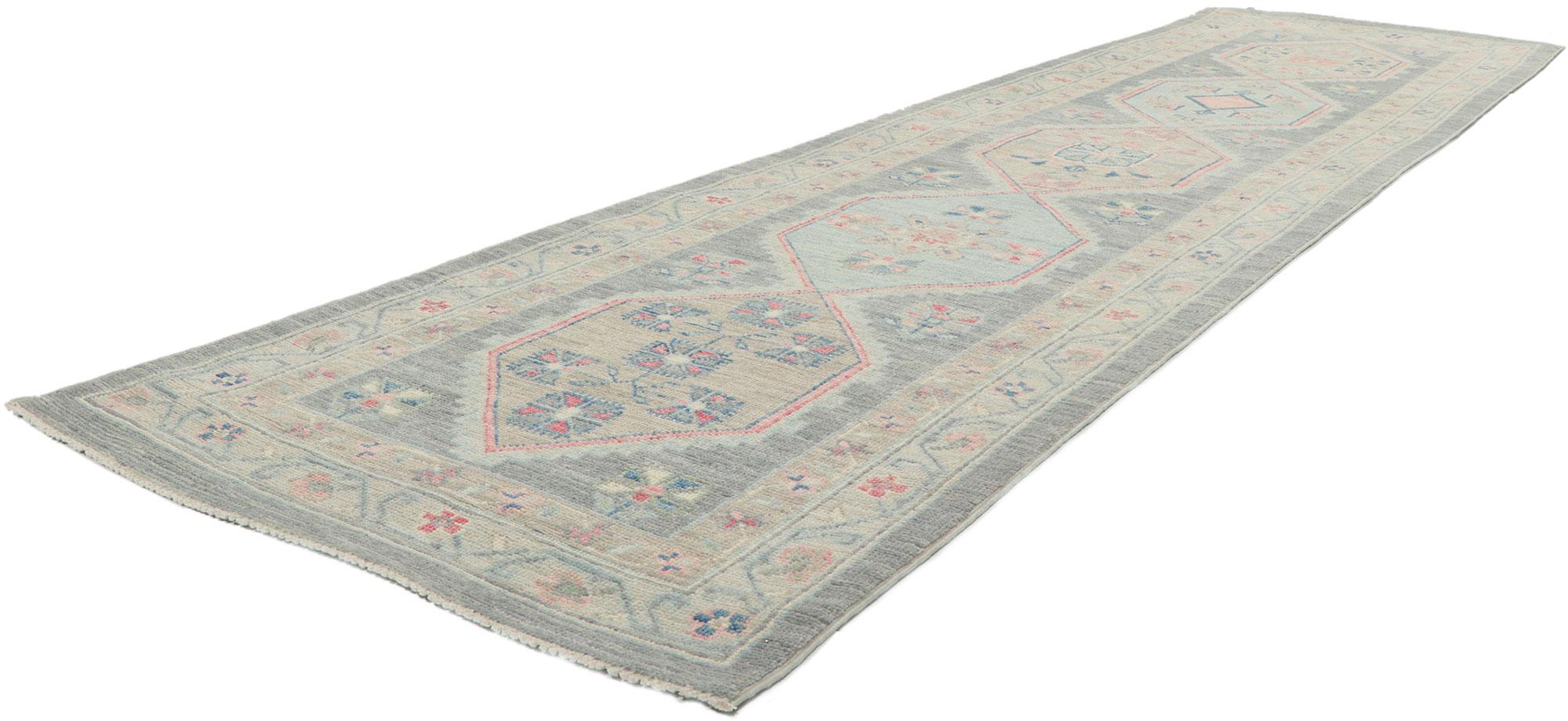 80835 New Contemporary Oushak Runner with Soft Colors, 02'08 x 10'00. The classic style and soft colors are tranquil and sophisticated. With its timeless design and understated elegance, this versatile Oushak carpet runner will create a welcoming