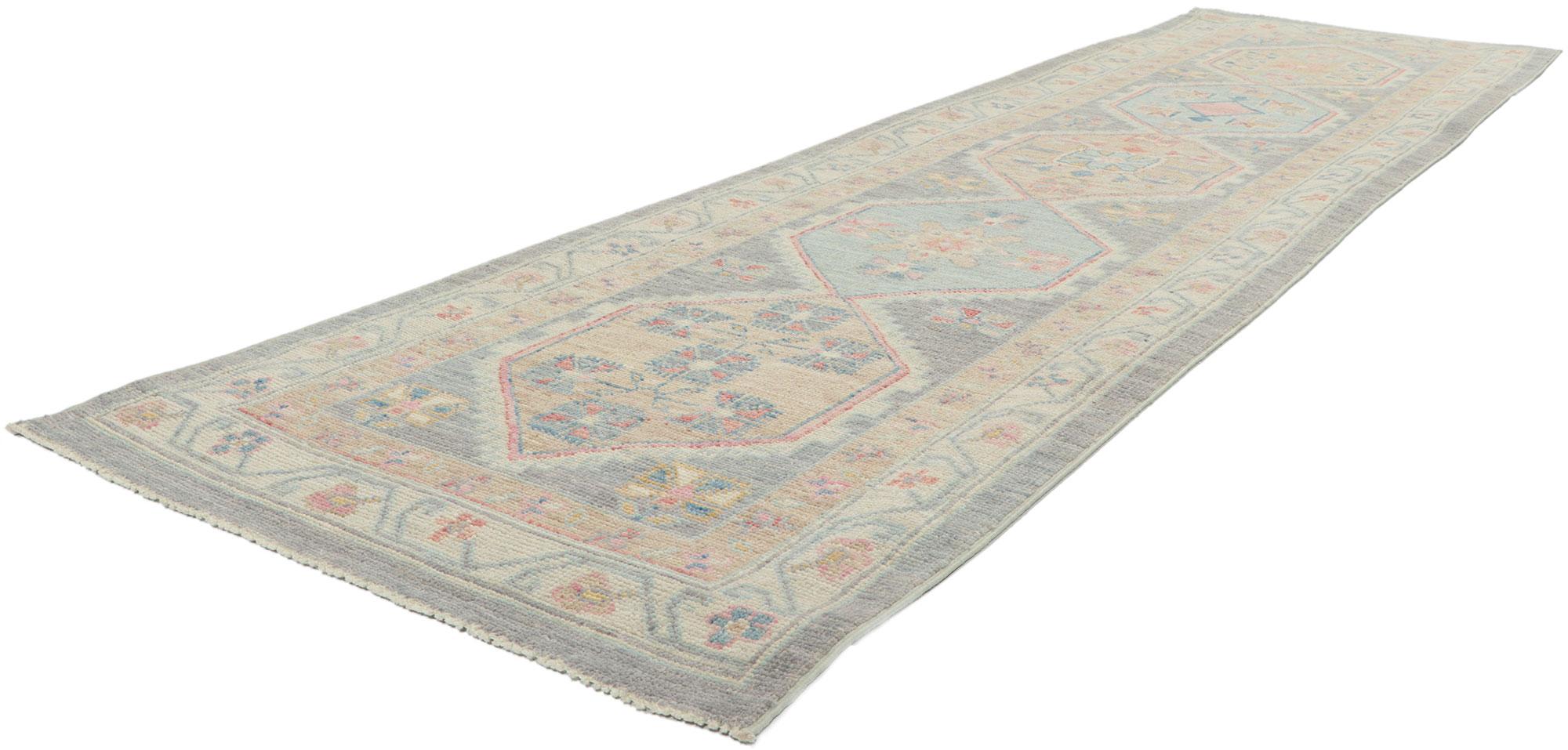 80833 New contemporary oushak runner with soft colors, 02'07 x 09'09. The classic style and soft colors are tranquil and sophisticated. With its timeless design and understated elegance, this versatile Oushak carpet runner will create a welcoming